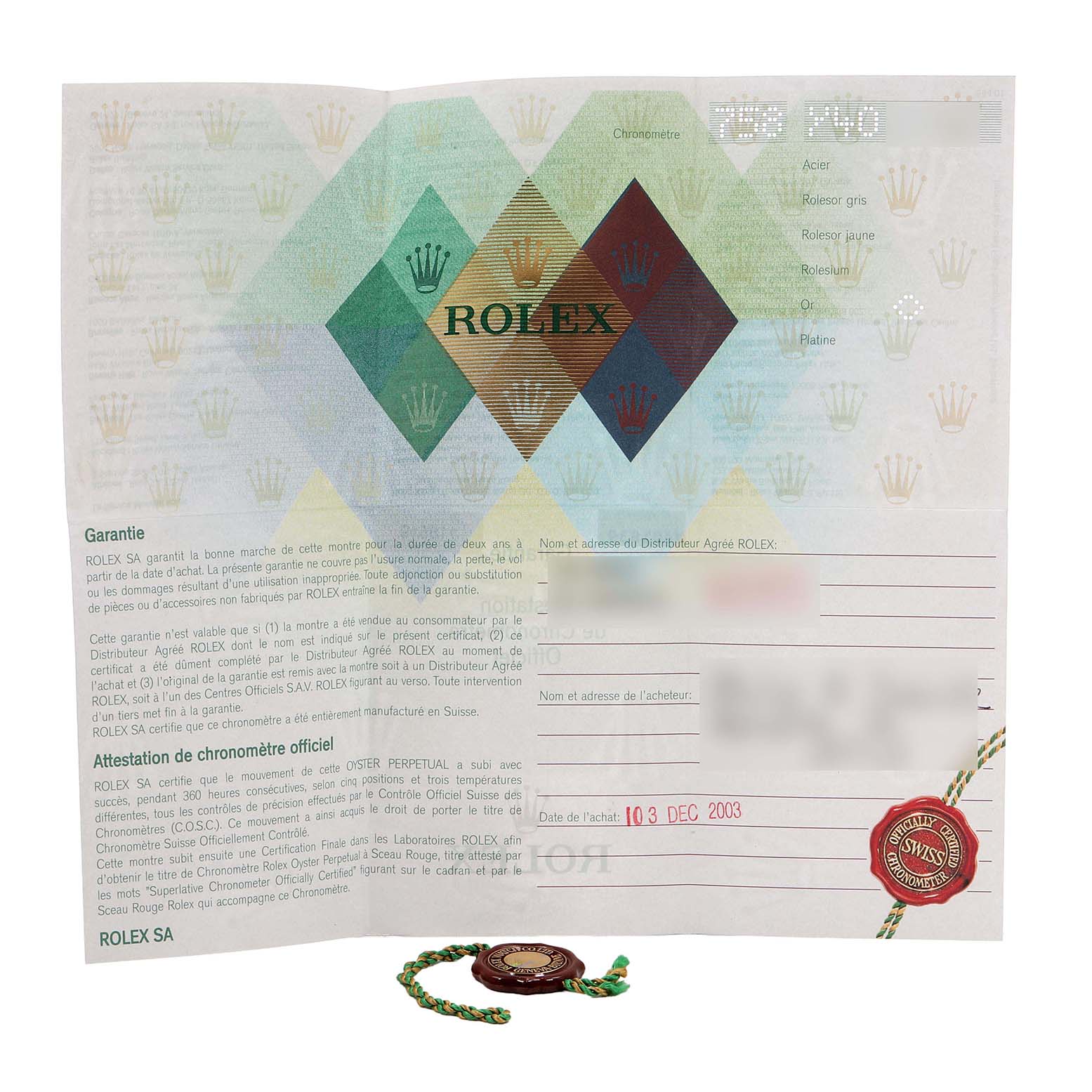 The image shows a Rolex Daytona 116519 Men's White Gold Silver Dial warranty card with a green and red seal accessory.