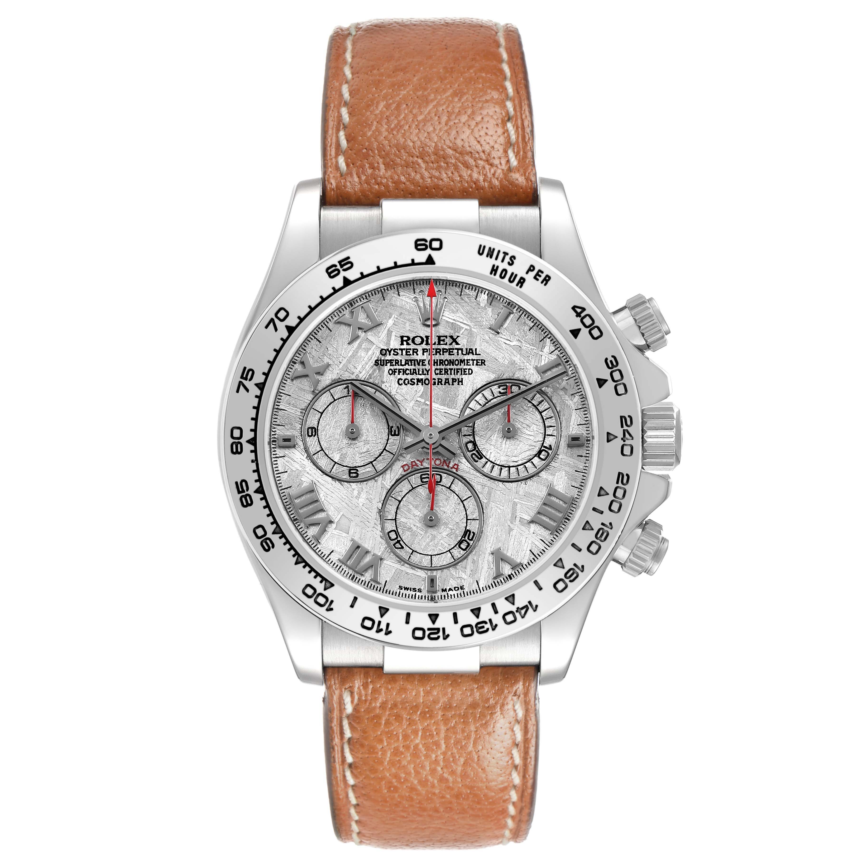 The Rolex Daytona 116519 Men's White Gold Silver Dial watch is shown from the front, highlighting its face, bezel, and leather strap.
