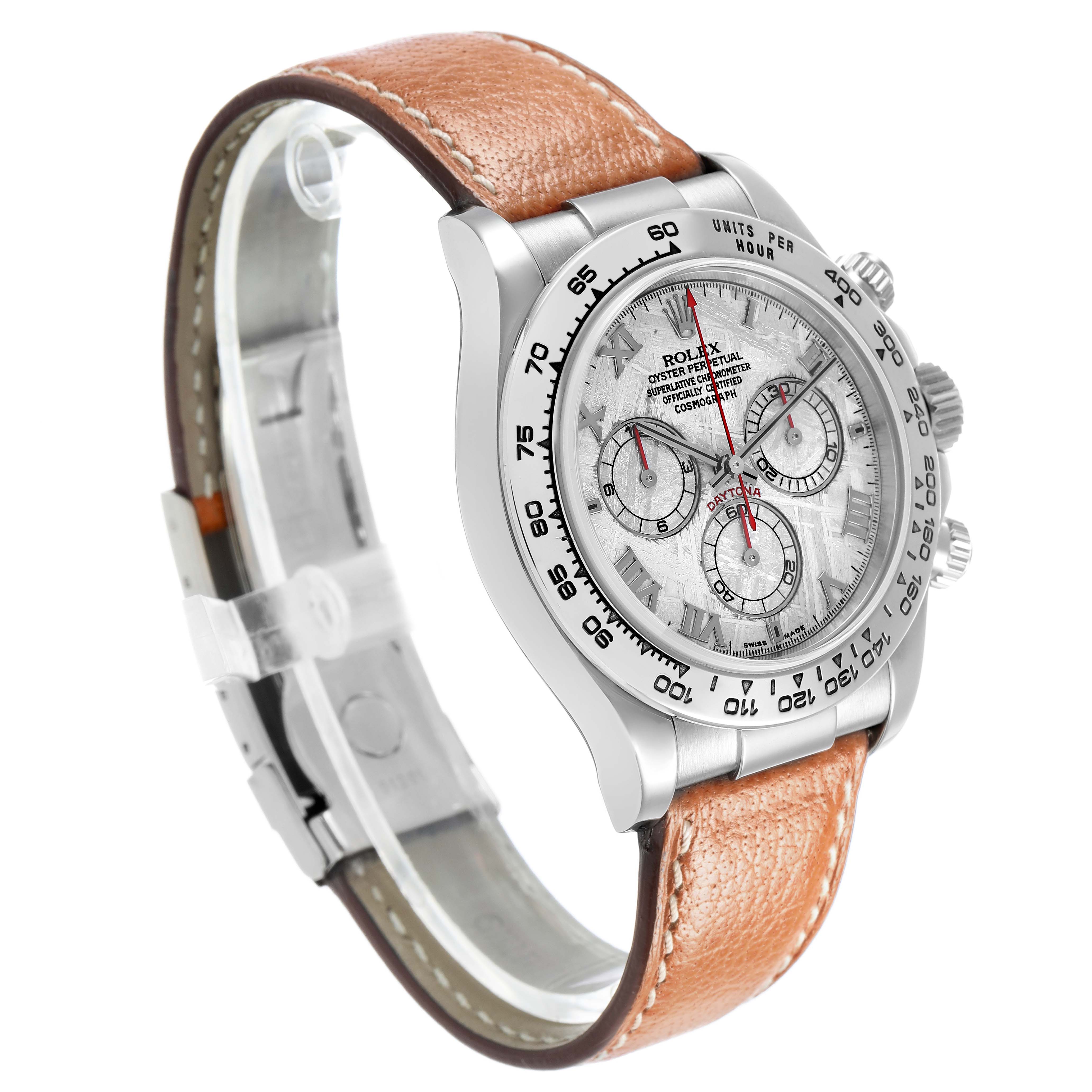 The Rolex Daytona 116519 Men's White Gold Silver Dial watch is shown at a three-quarter angle, highlighting the dial, case, bezel, crown, and leather strap.
