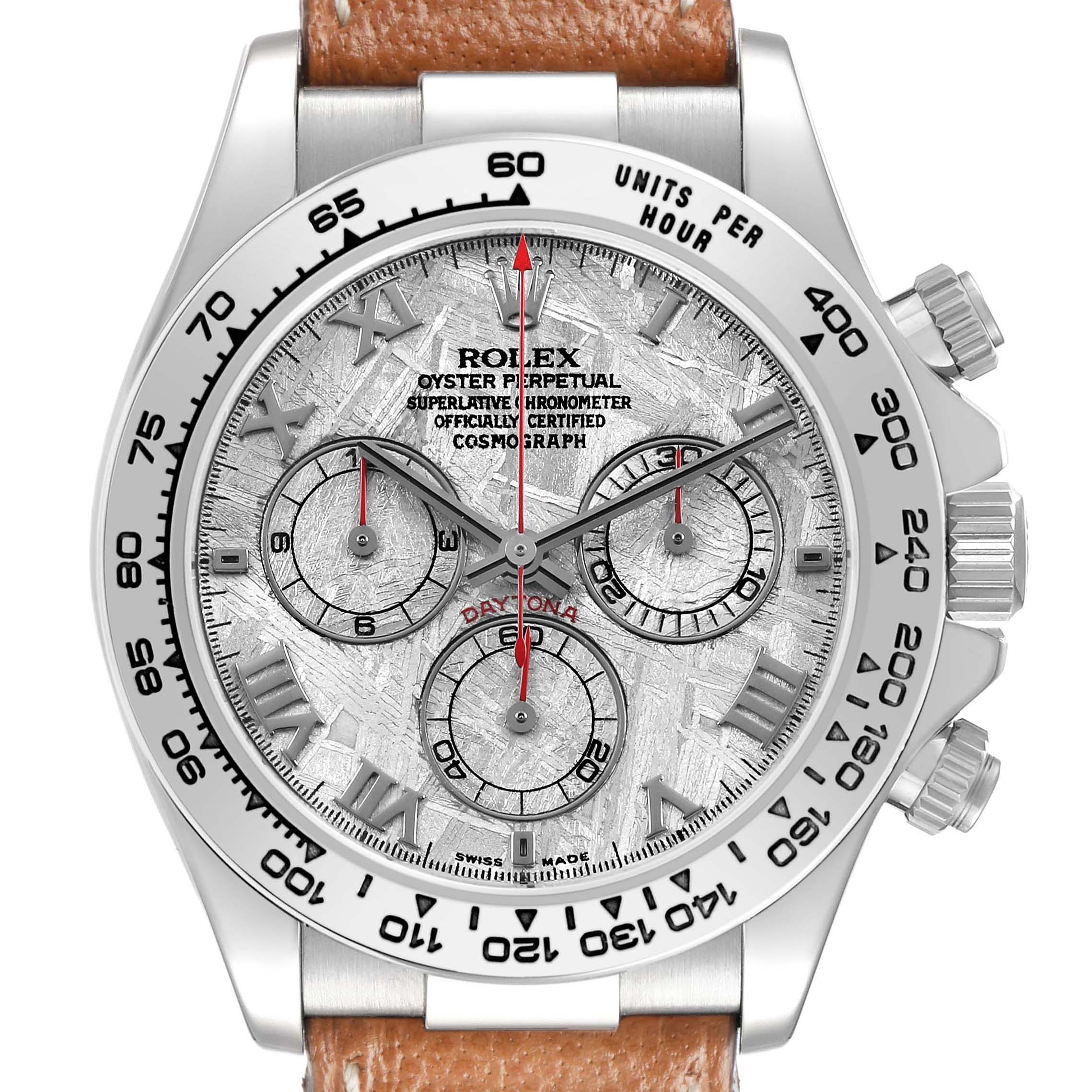 The image shows a frontal view of the Rolex Daytona 116519 Men's White Gold Silver Dial watch, highlighting its dial, bezel, sub-dials, and crown.