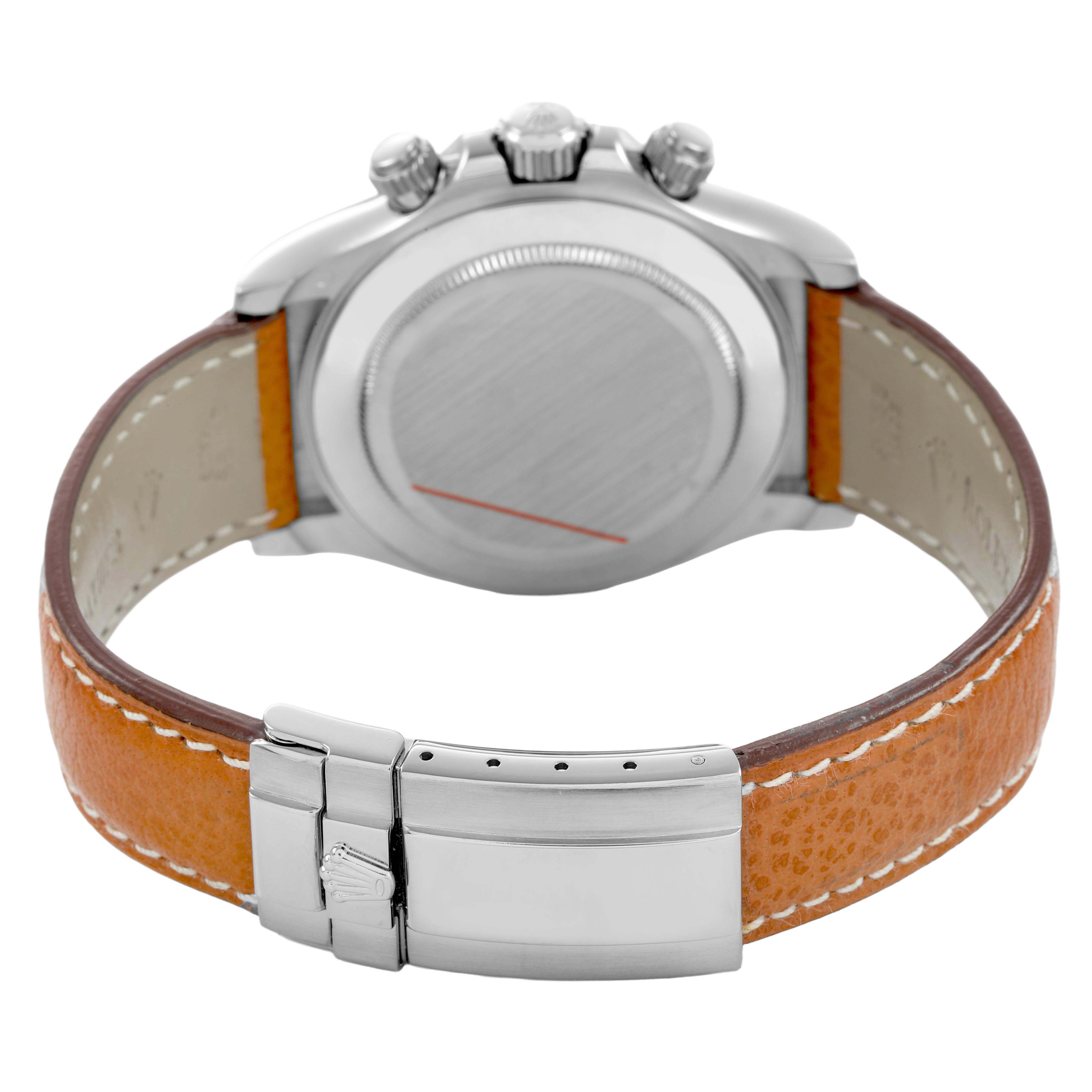 The image shows the back of a Rolex Daytona 116519 Men's White Gold Silver Dial watch, highlighting its case back and leather strap with a clasp.