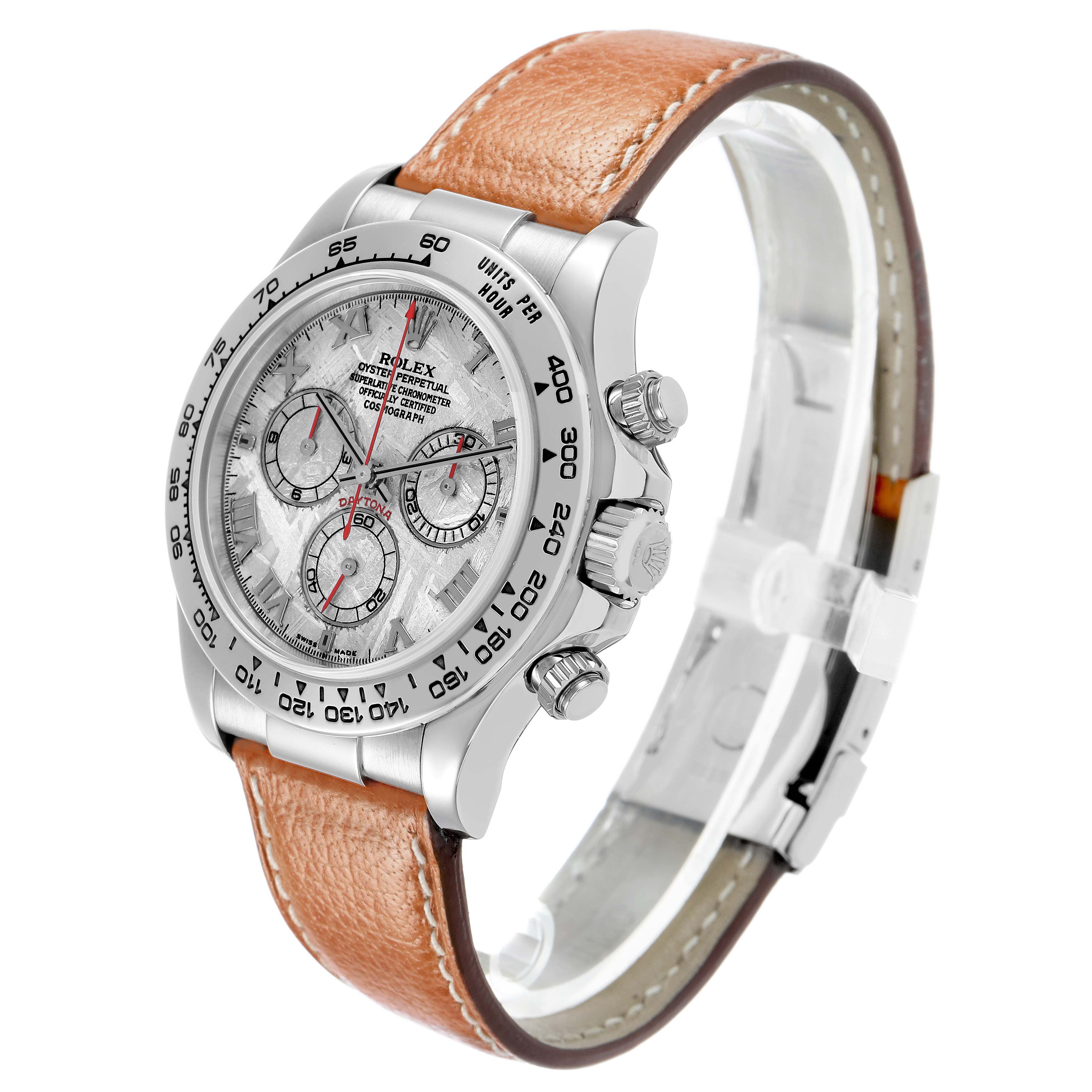 The Rolex Daytona 116519 Men's White Gold Silver Dial watch is shown at an angled side view, highlighting the face, bezel, and leather strap.