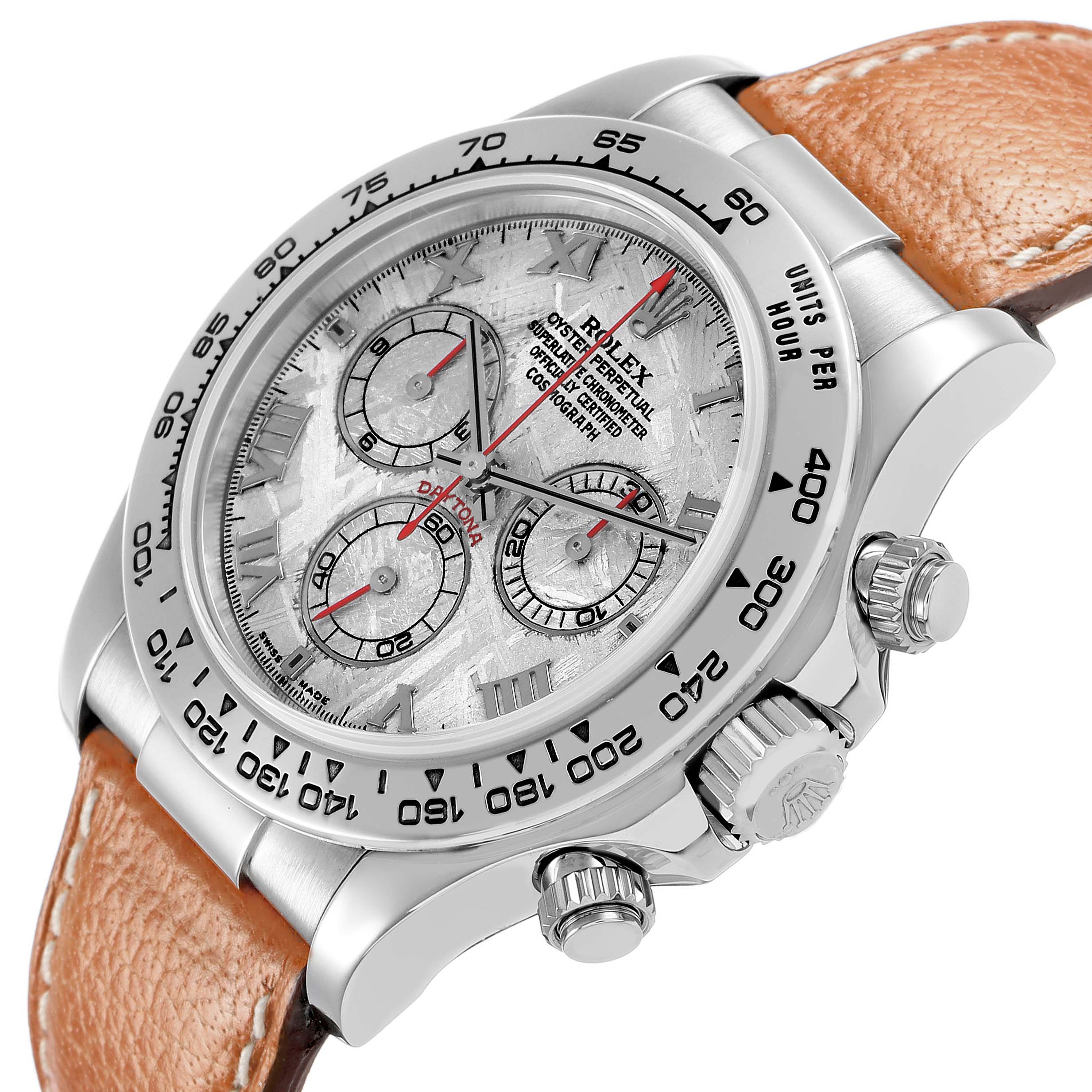 The Rolex Daytona 116519 Men's White Gold Silver Dial watch is shown at an angled side view, displaying its face, bezel, crown, and pushers with a leather strap.