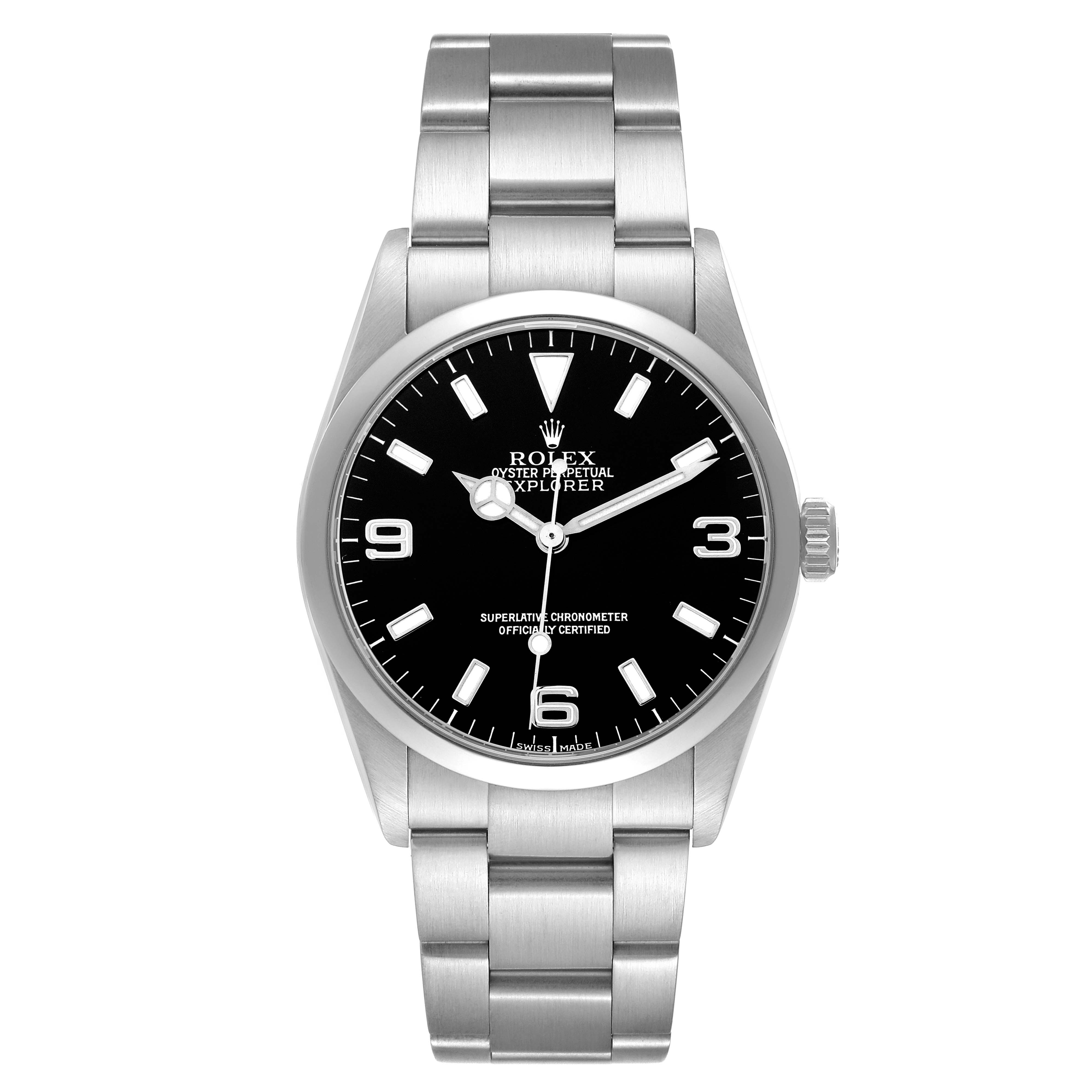 The Rolex Explorer 114270 Men
s Stainless Steel Black Dial 114270 Men
s Stainless Steel Black Dial watch is shown from a top-down angle, displaying its face, bezel, and bracelet.
