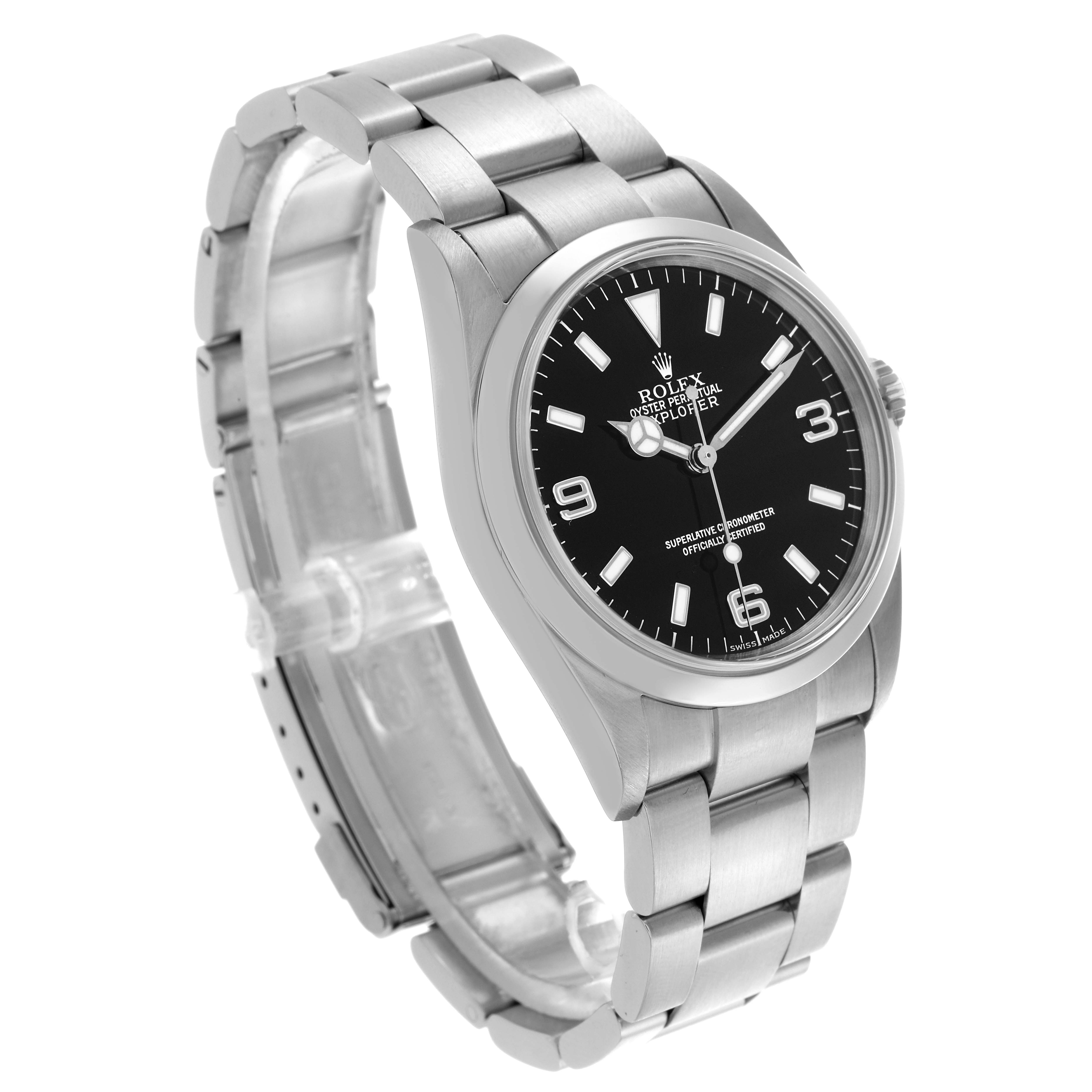 The Rolex Explorer 114270 Men
s Stainless Steel Black Dial 114270 Men
s Stainless Steel Black Dial watch is shown at a three-quarter angle, displaying its face, bracelet, and side profile.