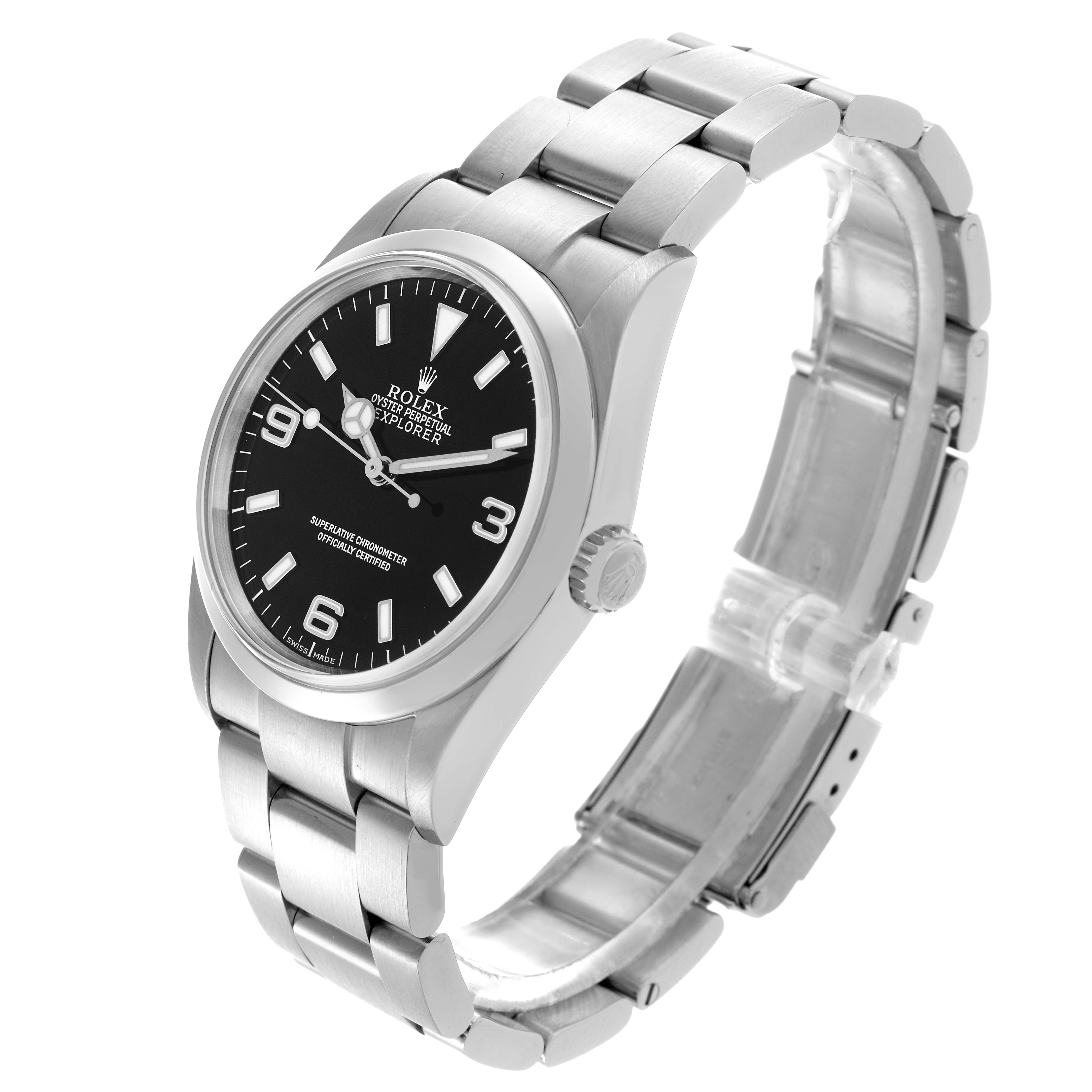 The Rolex Explorer 114270 Men
s Stainless Steel Black Dial 114270 Men
s Stainless Steel Black Dial watch is shown at an angled side view, highlighting the dial, bezel, crown, and bracelet.