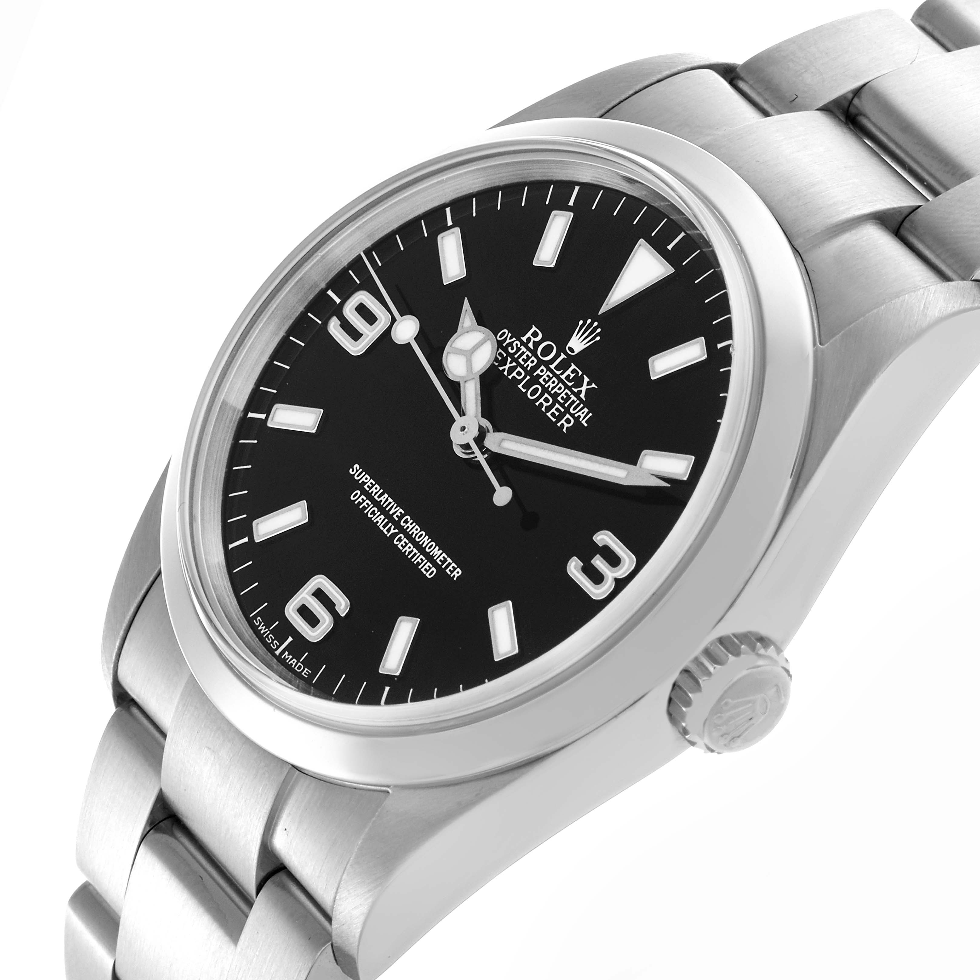 The Rolex Explorer 114270 Men
s Stainless Steel Black Dial 114270 Men
s Stainless Steel Black Dial watch is shown from a top-side angle, highlighting the black dial, hour markers, casing, and part of the bracelet.