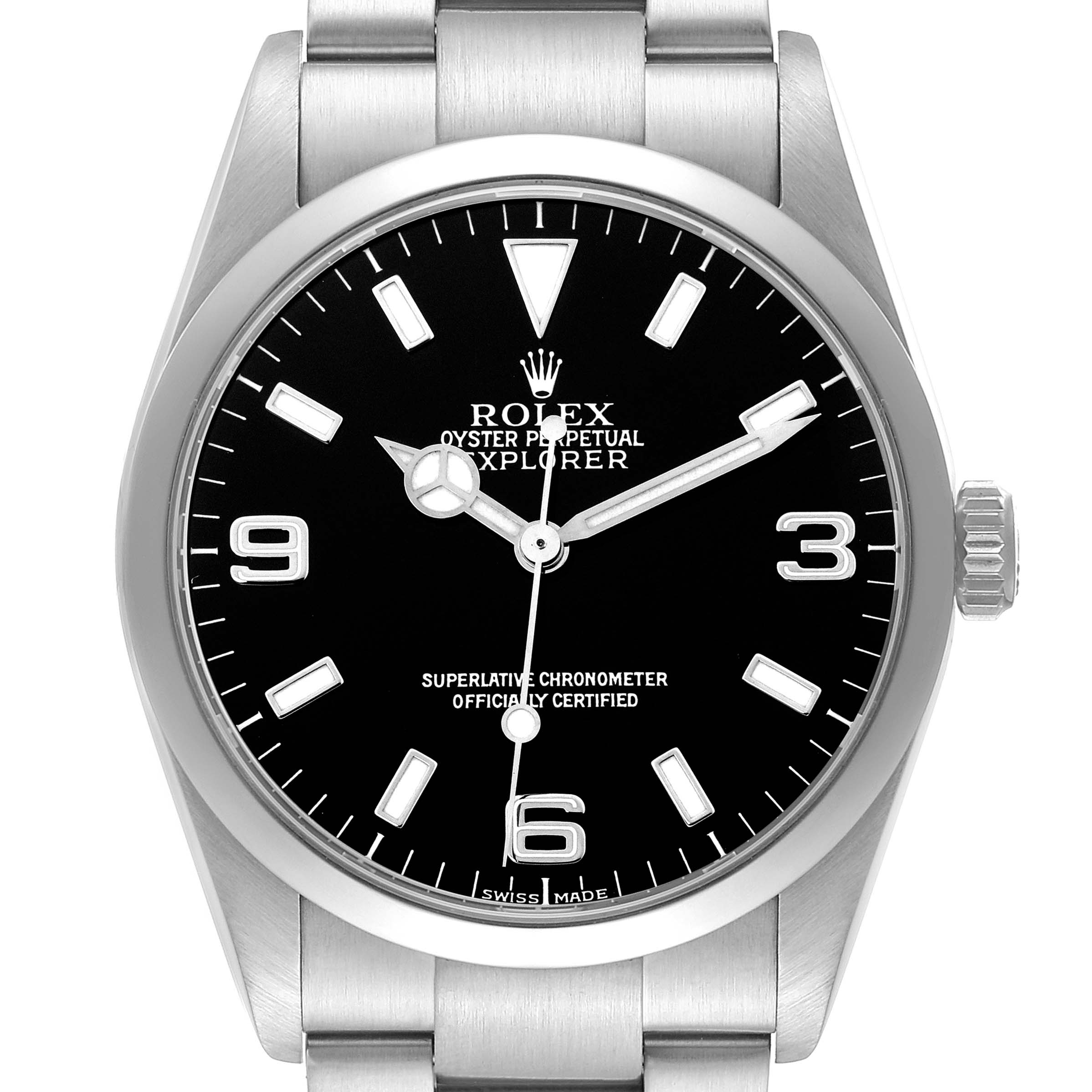 The Rolex Explorer 114270 Men
s Stainless Steel Black Dial 114270 Men
s Stainless Steel Black Dial watch is shown from the front, displaying its black dial, hour markers, and hands, with part of the metal bracelet visible.