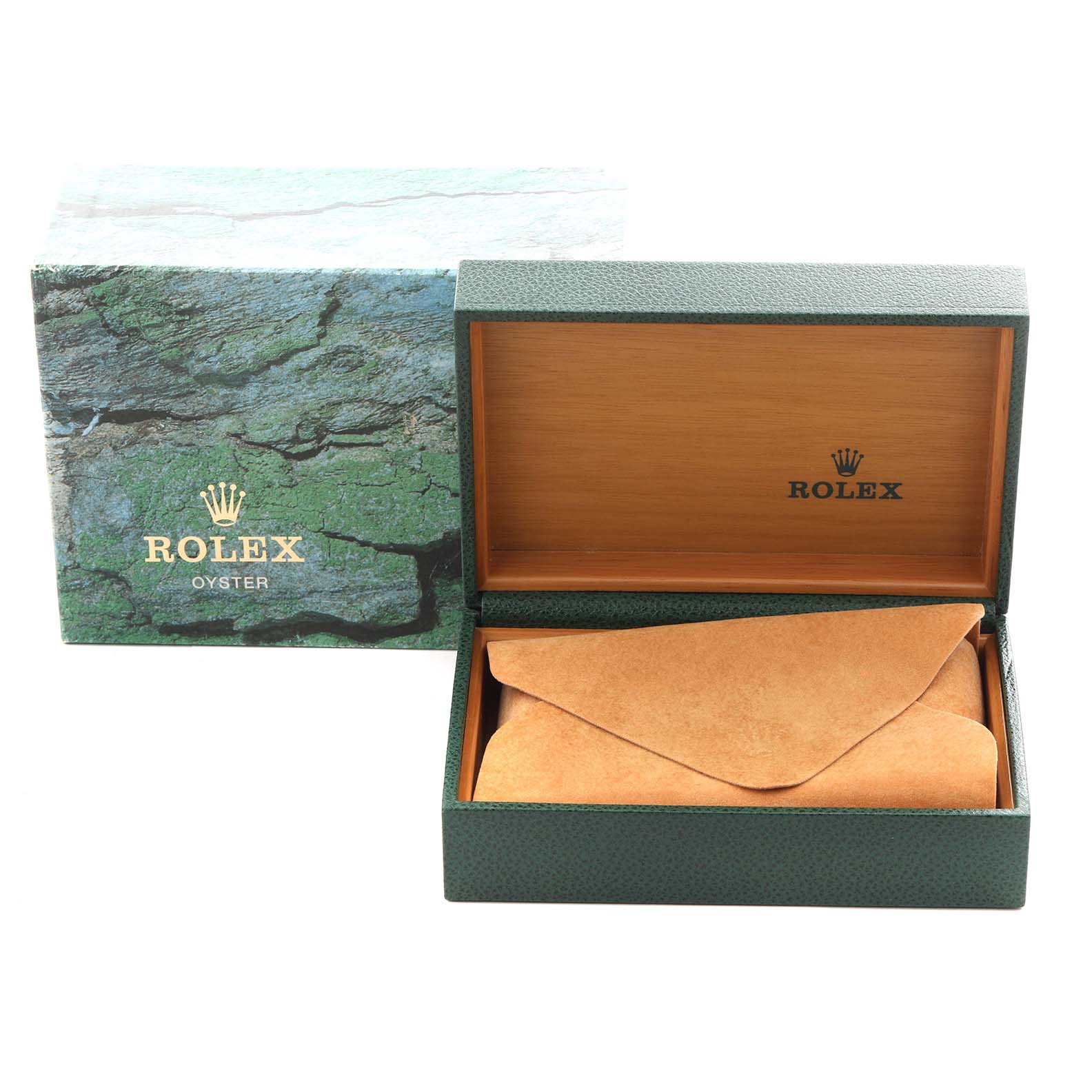 The image shows a green Rolex box for the Explorer model, open to reveal a suede pouch inside.