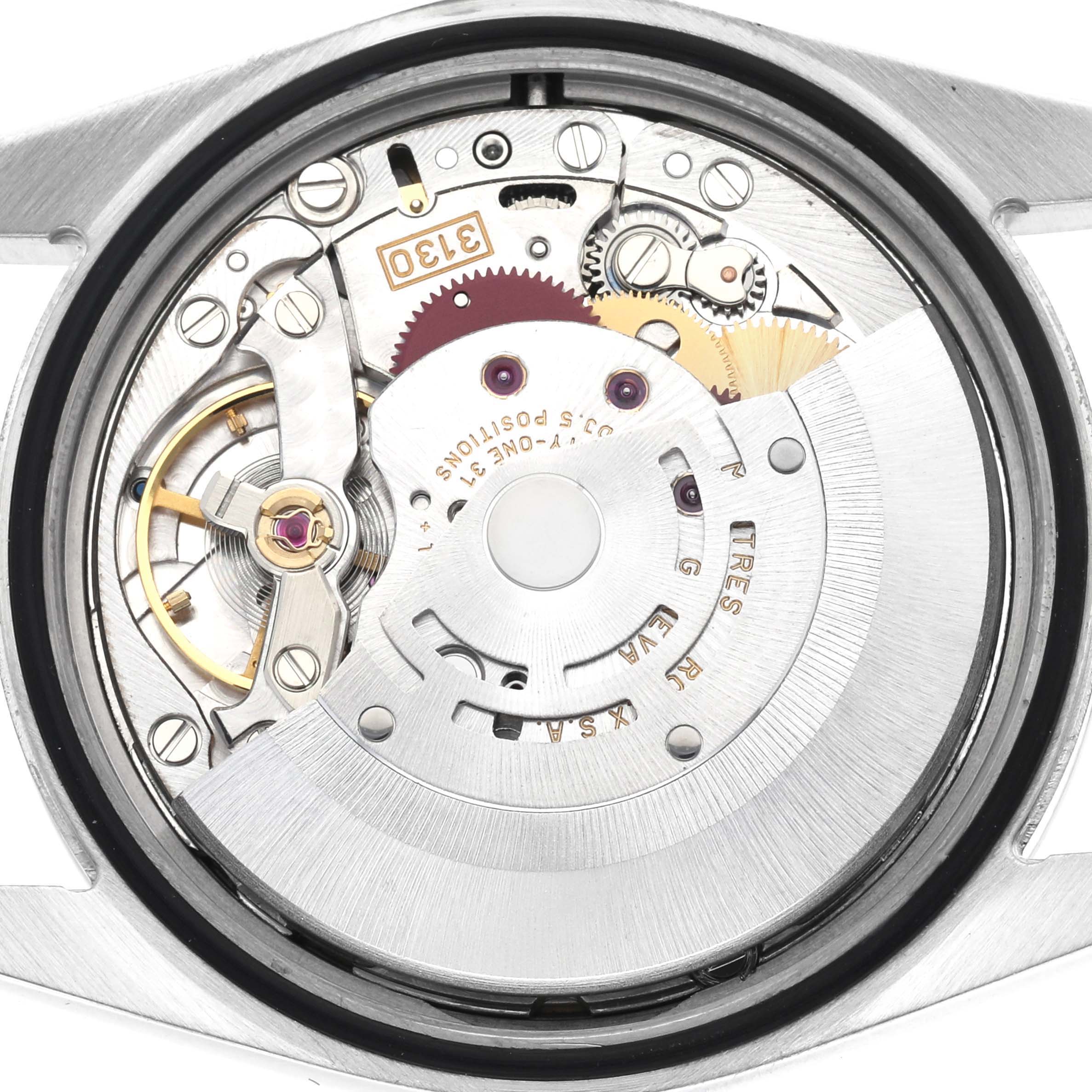This image shows the inner movement mechanism of a Rolex Explorer 114270 Men
s Stainless Steel Black Dial 114270 Men
s Stainless Steel Black Dial watch from a top-down angle.