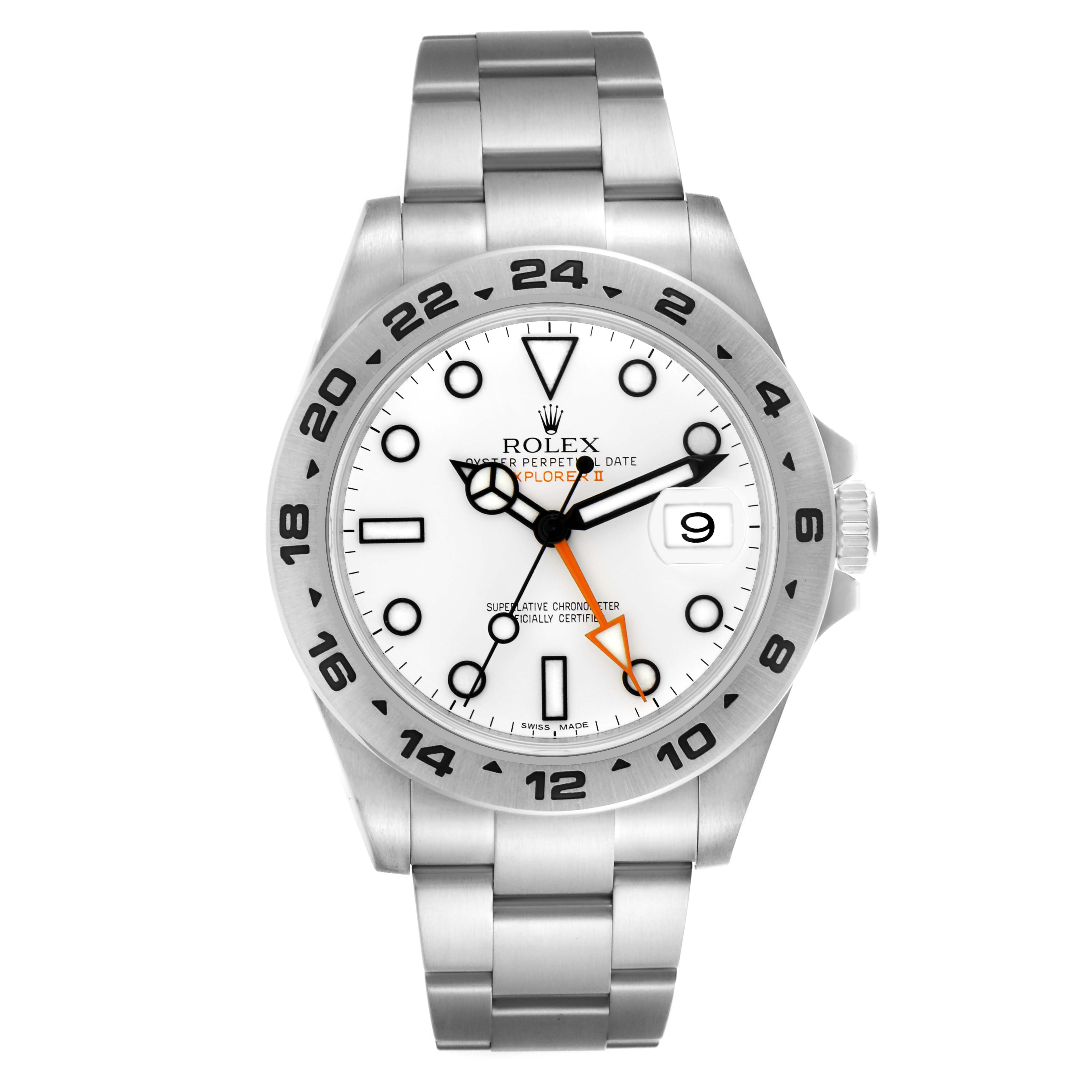 The Rolex Explorer 216570 Men
s Stainless Steel White Dial 216570 Men
s Stainless Steel White Dial watch is shown from a front angle, highlighting the bezel, dial, hands, bracelet, and crown.