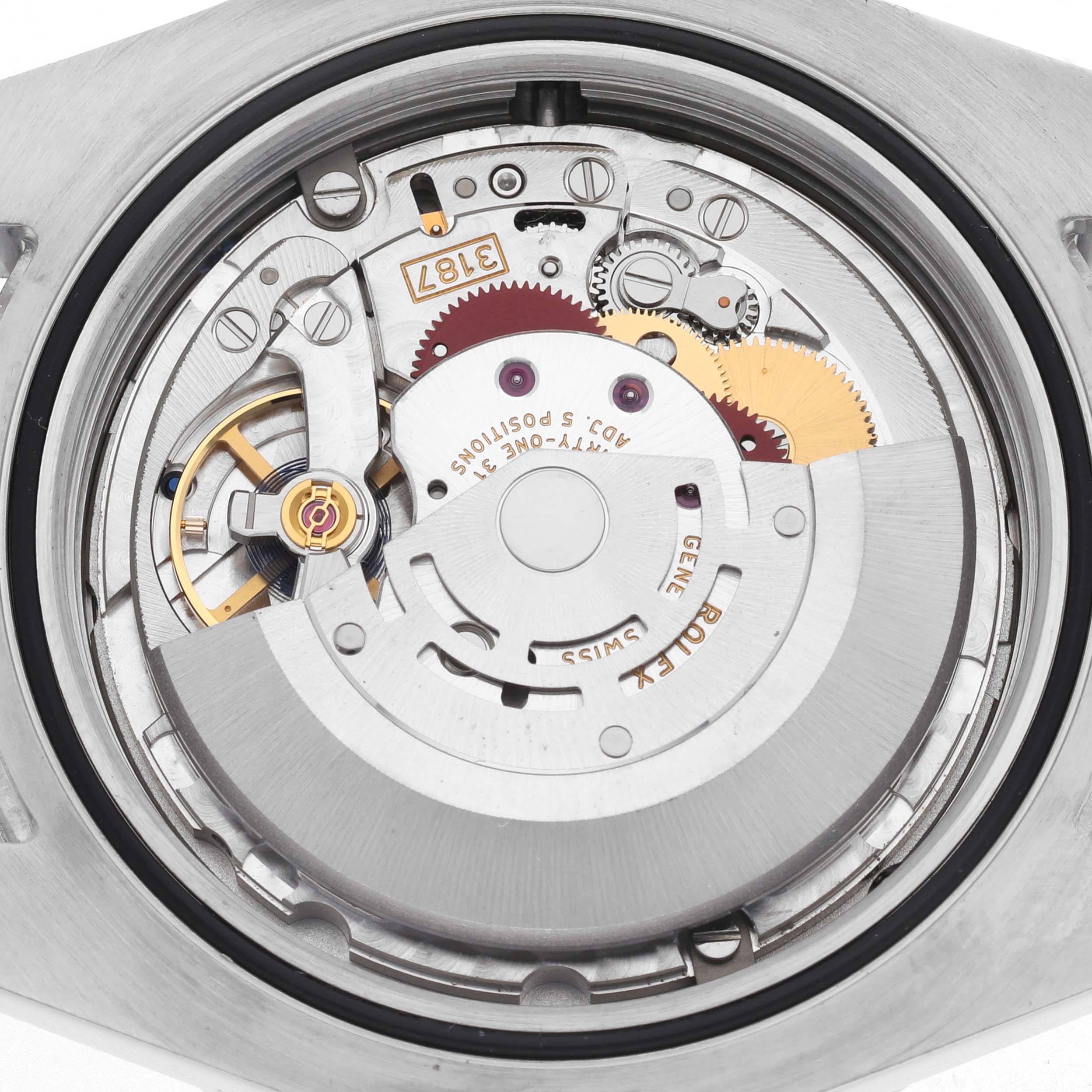 This image shows the movement and internal mechanics of a Rolex Explorer 216570 Men
s Stainless Steel White Dial 216570 Men
s Stainless Steel White Dial watch from a top-down angle.