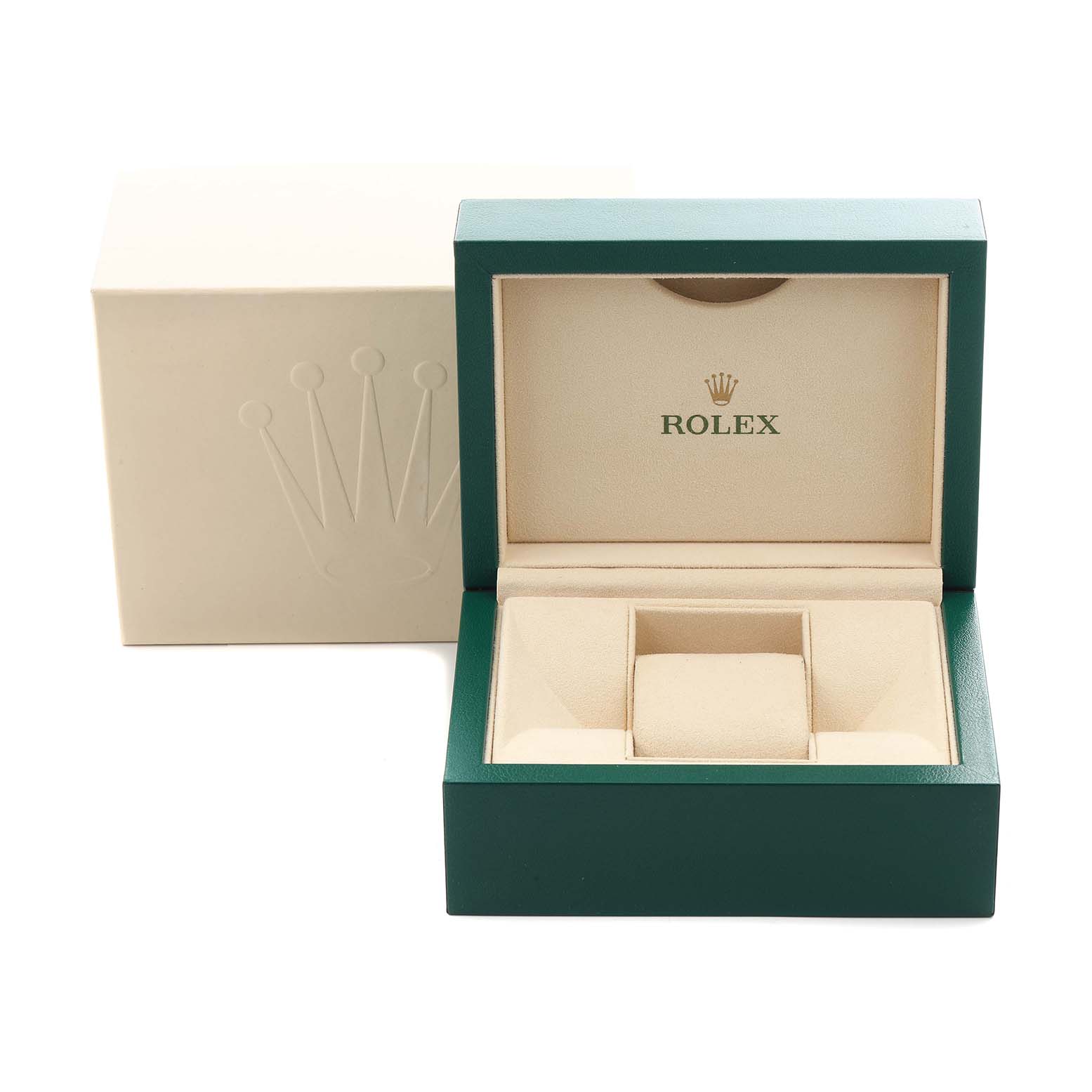 The image shows an open Rolex watch box for the Explorer model, featuring a green exterior and beige interior with logo branding.