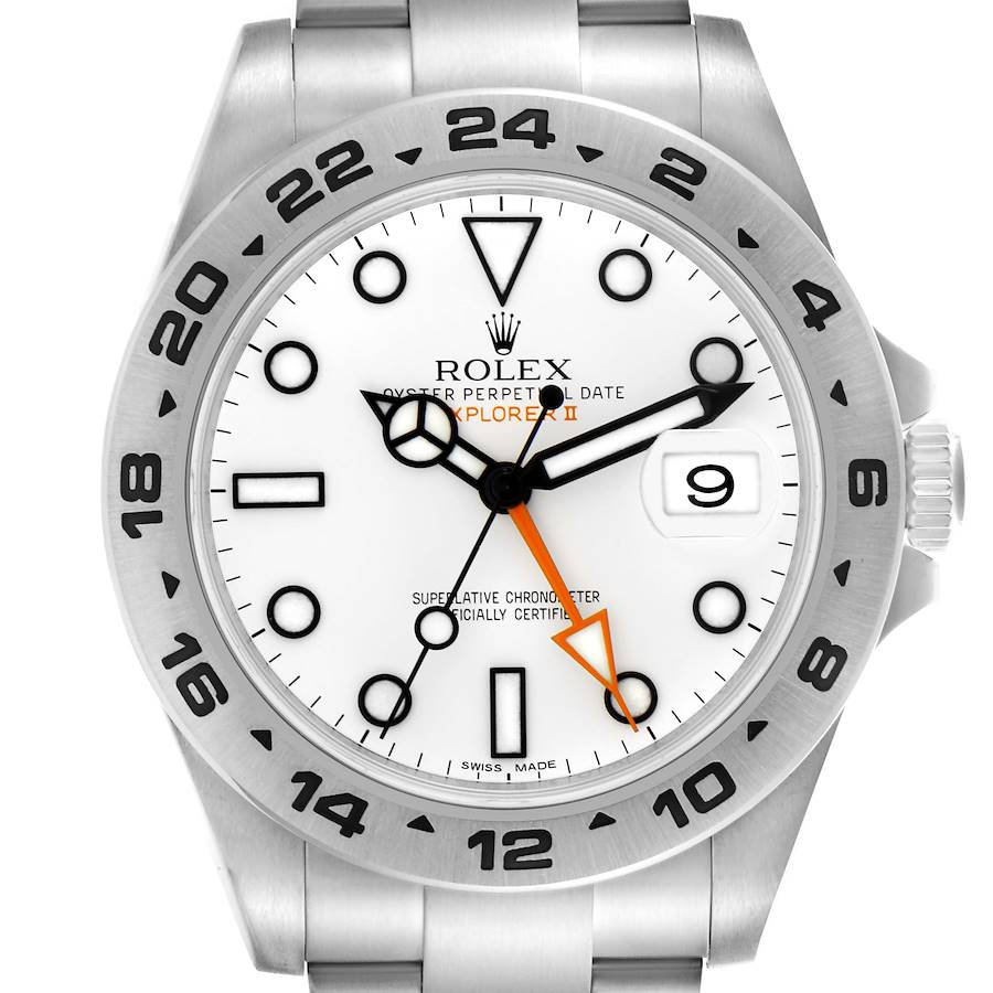The Rolex Explorer model is shown from the front angle, highlighting the dial, hands, bezel, and part of the bracelet.