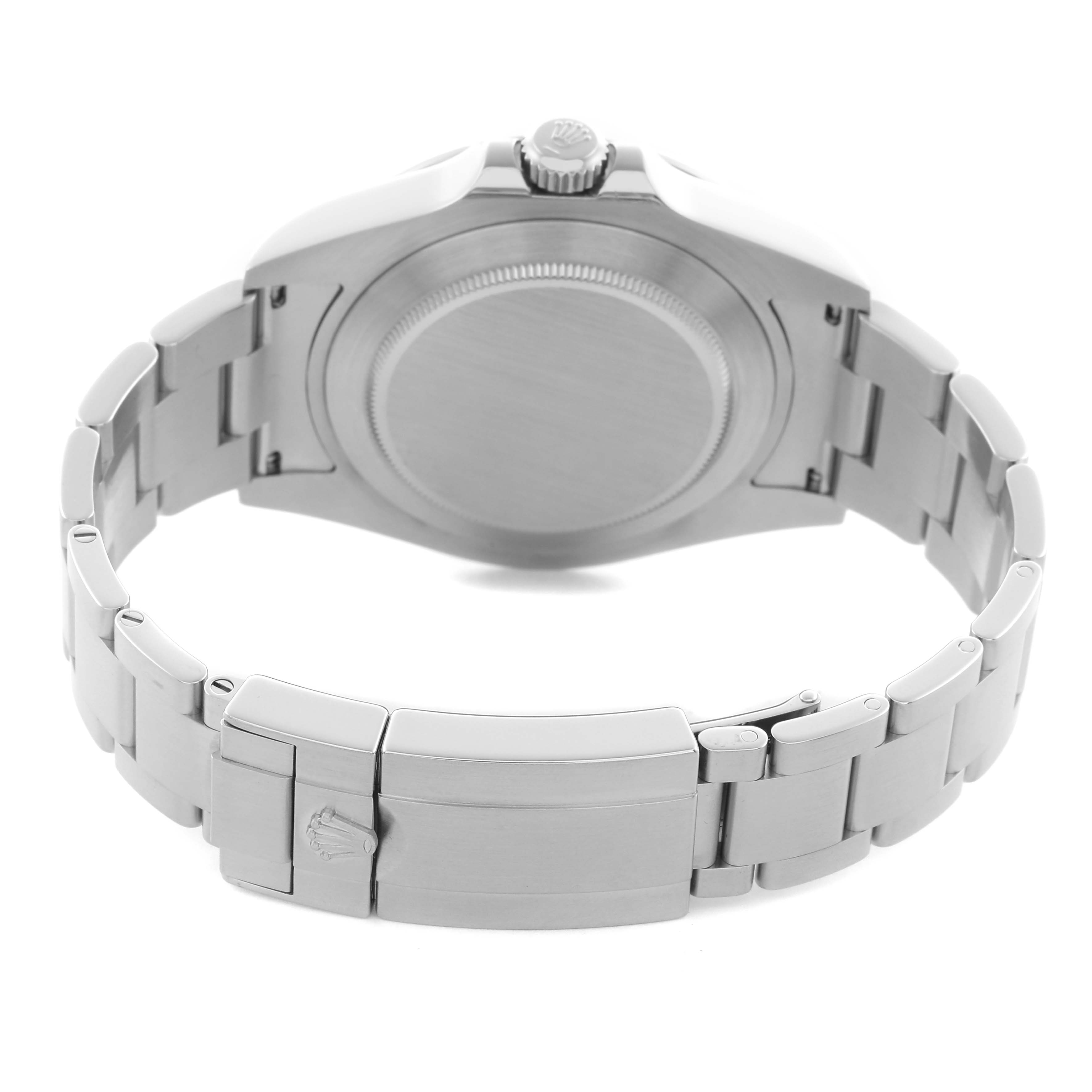 The image shows the back of a Rolex Explorer 216570 Men
s Stainless Steel White Dial 216570 Men
s Stainless Steel White Dial watch, highlighting the case back, crown, and bracelet clasp.