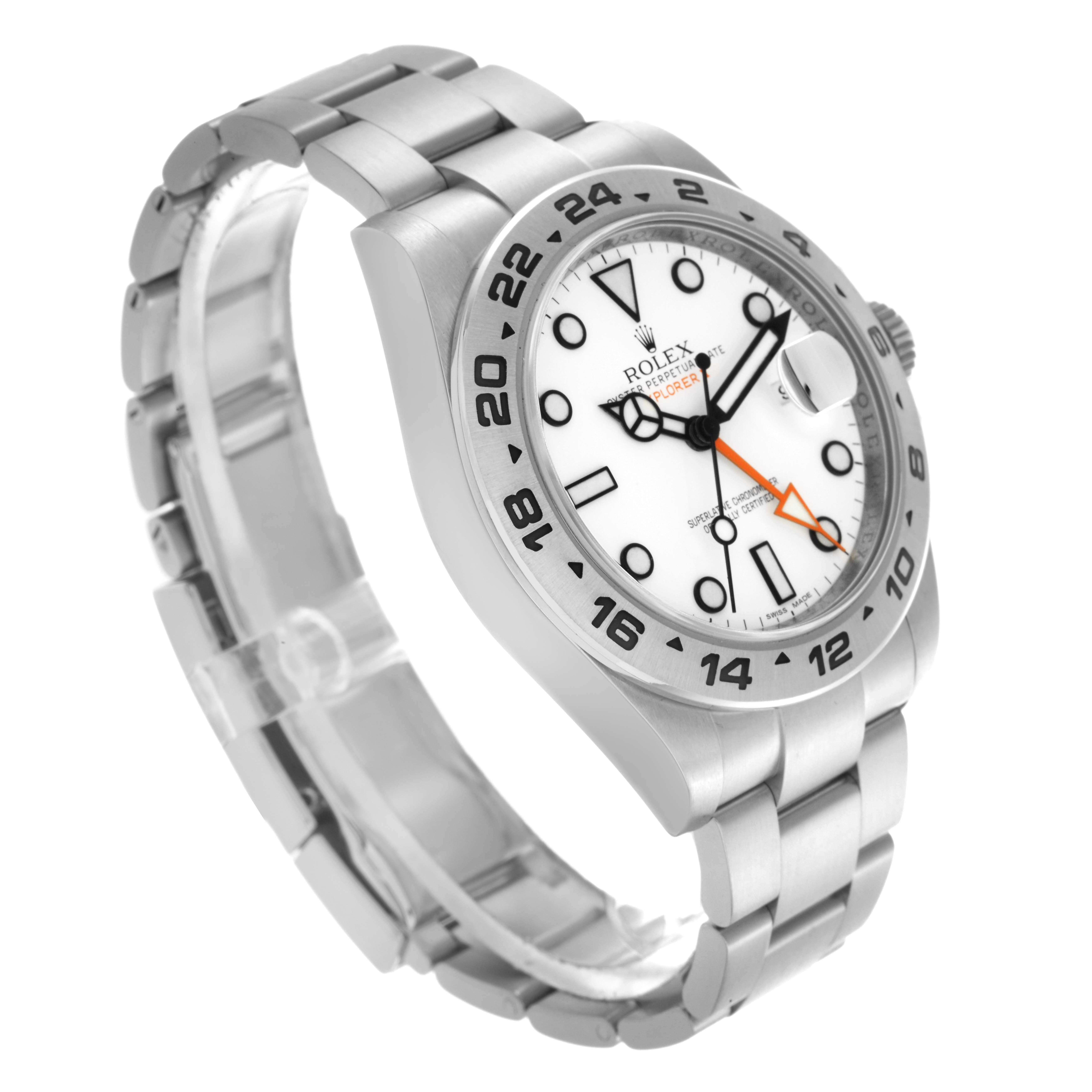 The Rolex Explorer 216570 Men
s Stainless Steel White Dial 216570 Men
s Stainless Steel White Dial watch is shown at a three-quarter angle, displaying the face, bezel, and bracelet.