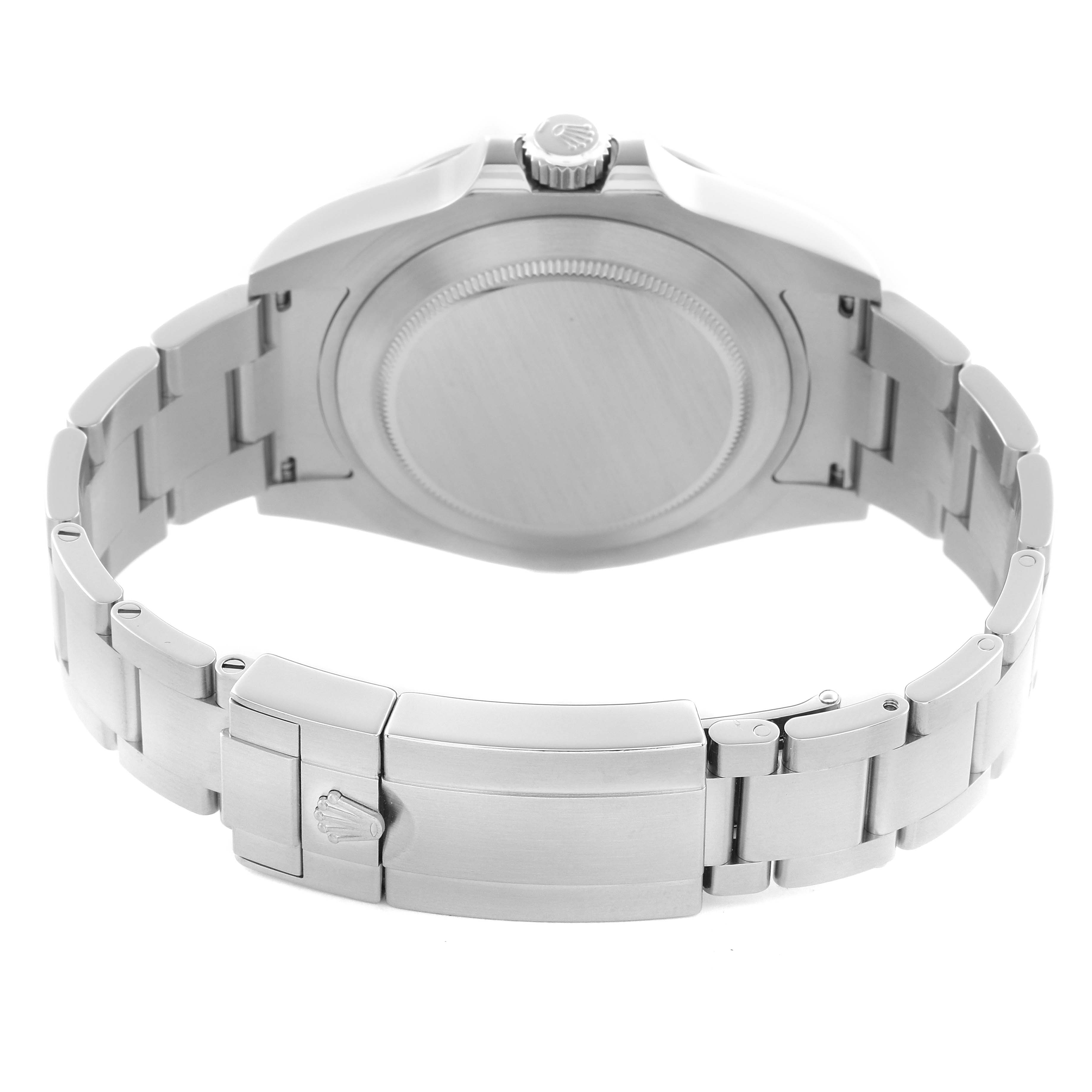 The image shows a rear view of the Rolex Explorer 216570 Men
s Stainless Steel White Dial 216570 Men
s Stainless Steel White Dial, highlighting the case back, bracelet, clasp, and crown.