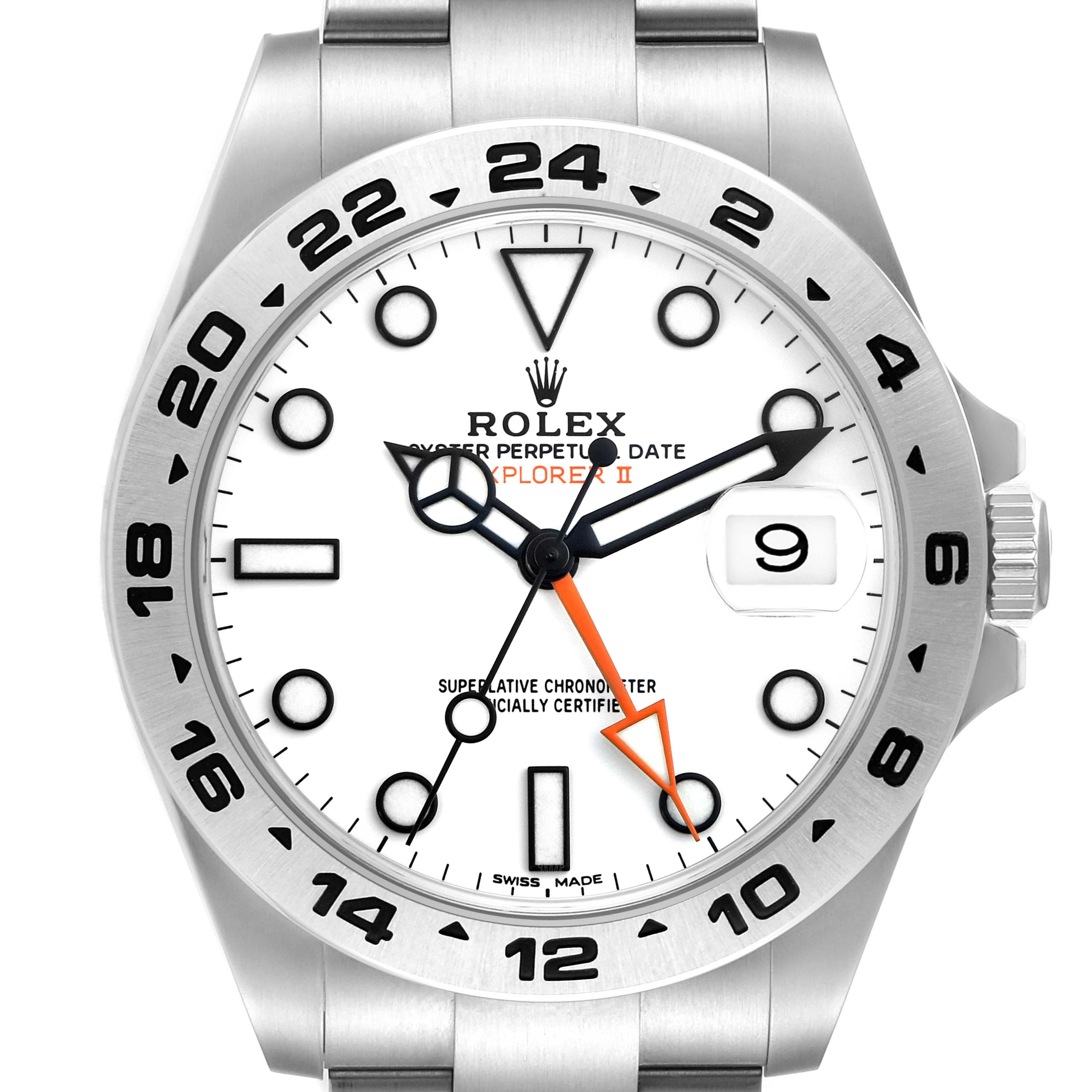 The Rolex Explorer 216570 Men
s Stainless Steel White Dial 216570 Men
s Stainless Steel White Dial watch is shown from the front, highlighting its dial, hands, date window, and bezel.