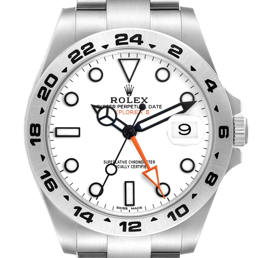 The Rolex Explorer II watch is shown from the front, highlighting its dial, hands, date window, and bezel.