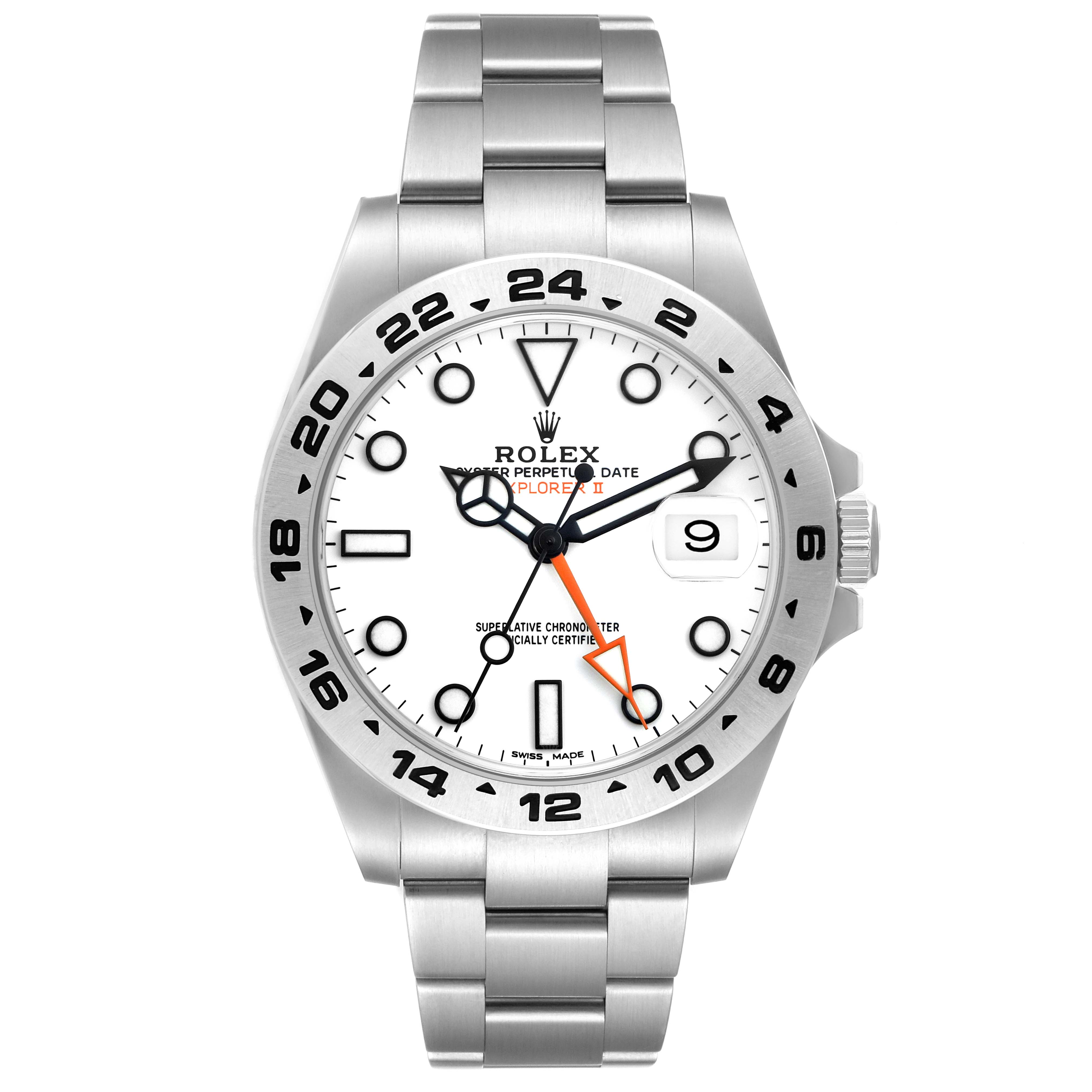 The Rolex Explorer 216570 Men
s Stainless Steel White Dial 216570 Men
s Stainless Steel White Dial watch is shown from a front angle, displaying its dial, bezel, and bracelet.