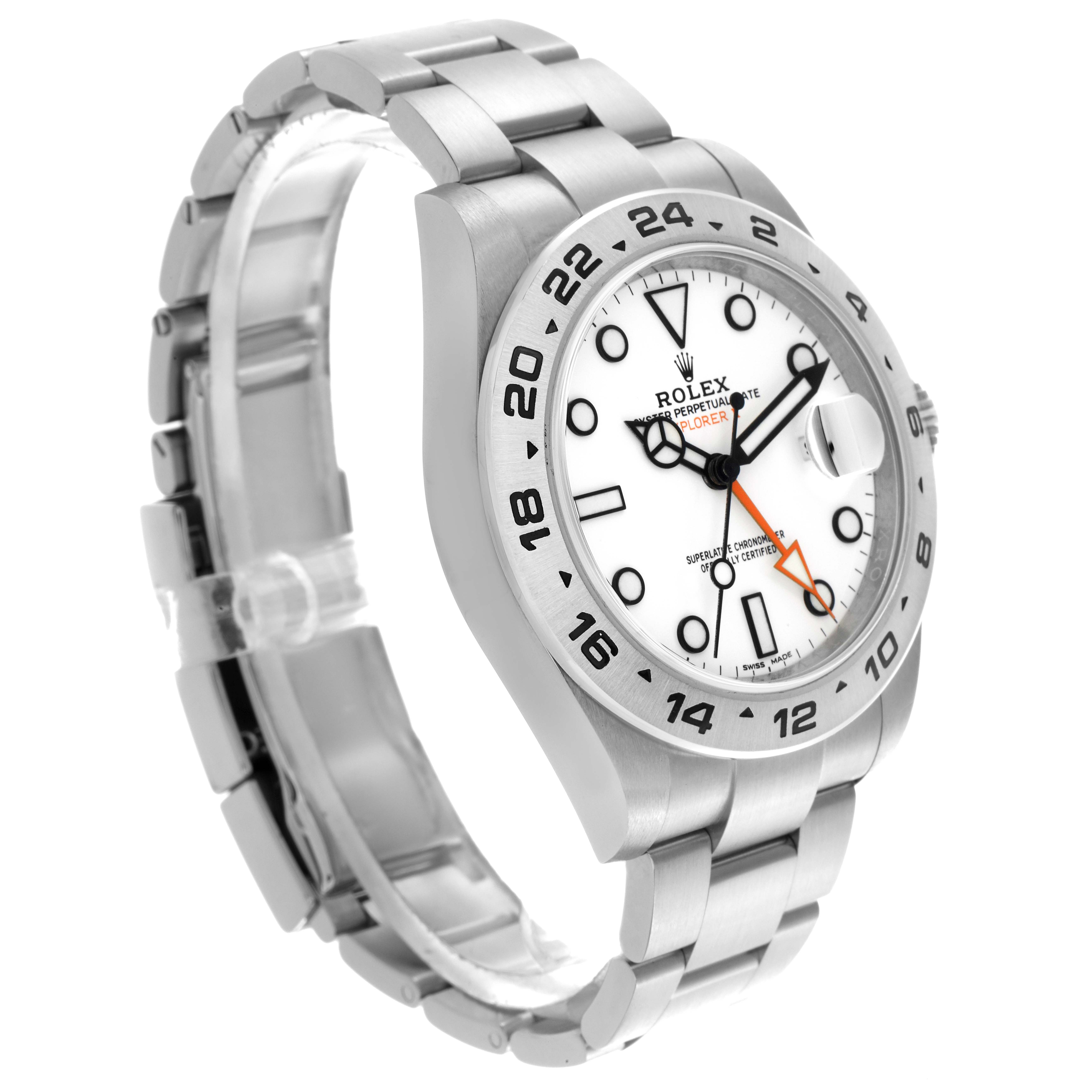 The Rolex Explorer 216570 Men
s Stainless Steel White Dial 216570 Men
s Stainless Steel White Dial watch is shown from a three-quarter angle highlighting the face, bezel, and bracelet.