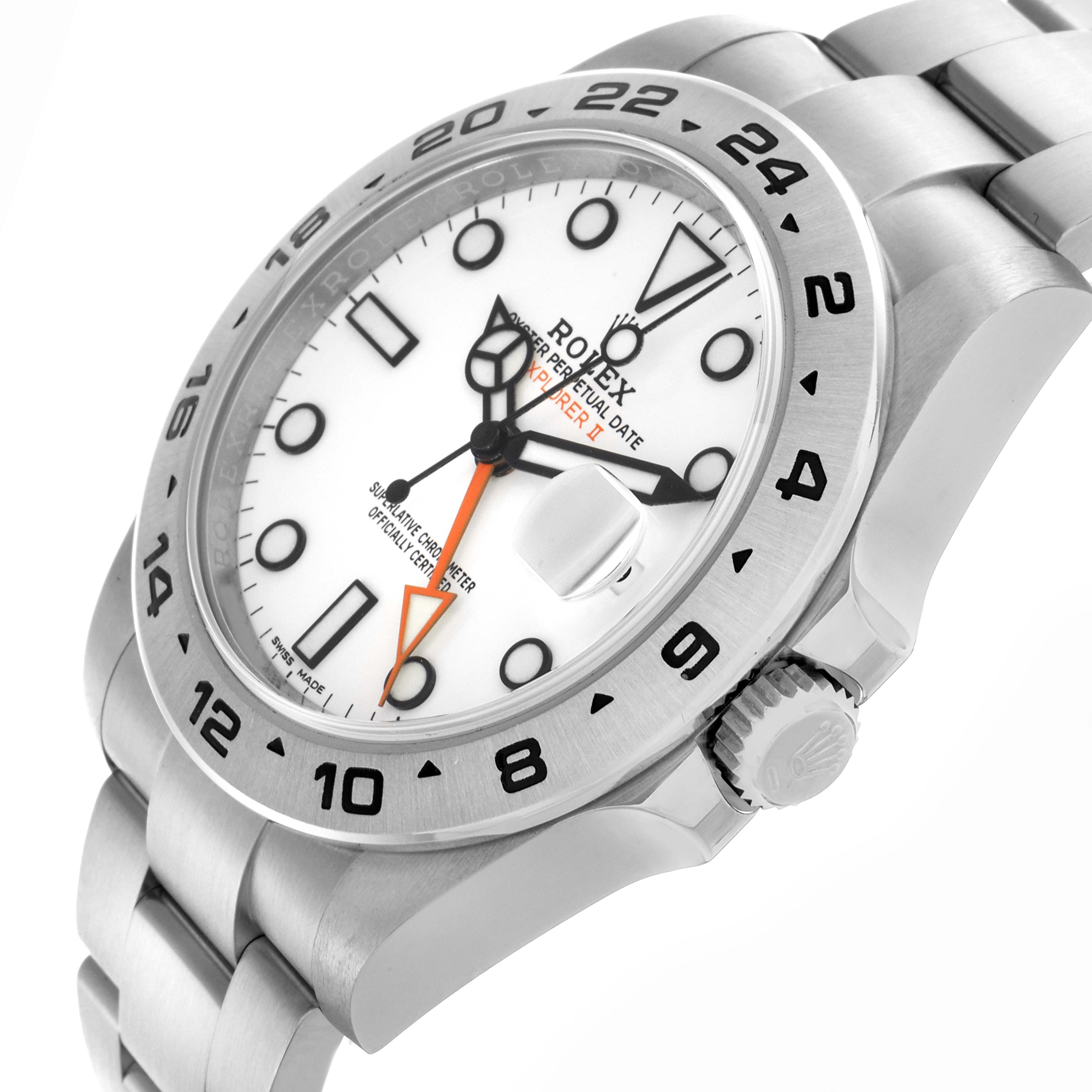 The Rolex Explorer 216570 Men
s Stainless Steel White Dial 216570 Men
s Stainless Steel White Dial watch is angled to show the dial, bezel, crown, and part of the bracelet.