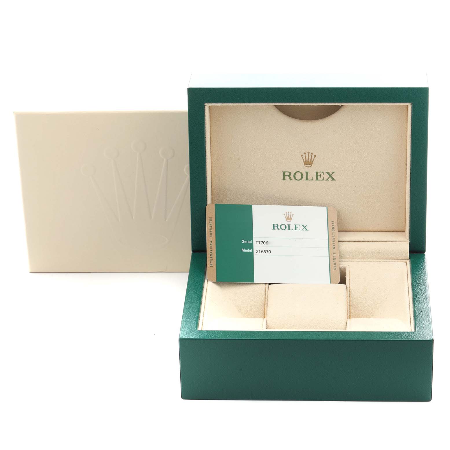 The image shows a Rolex Explorer 216570 Men
s Stainless Steel White Dial 216570 Men
s Stainless Steel White Dial watch box at an angle, with the open case and a warranty card visible inside.
