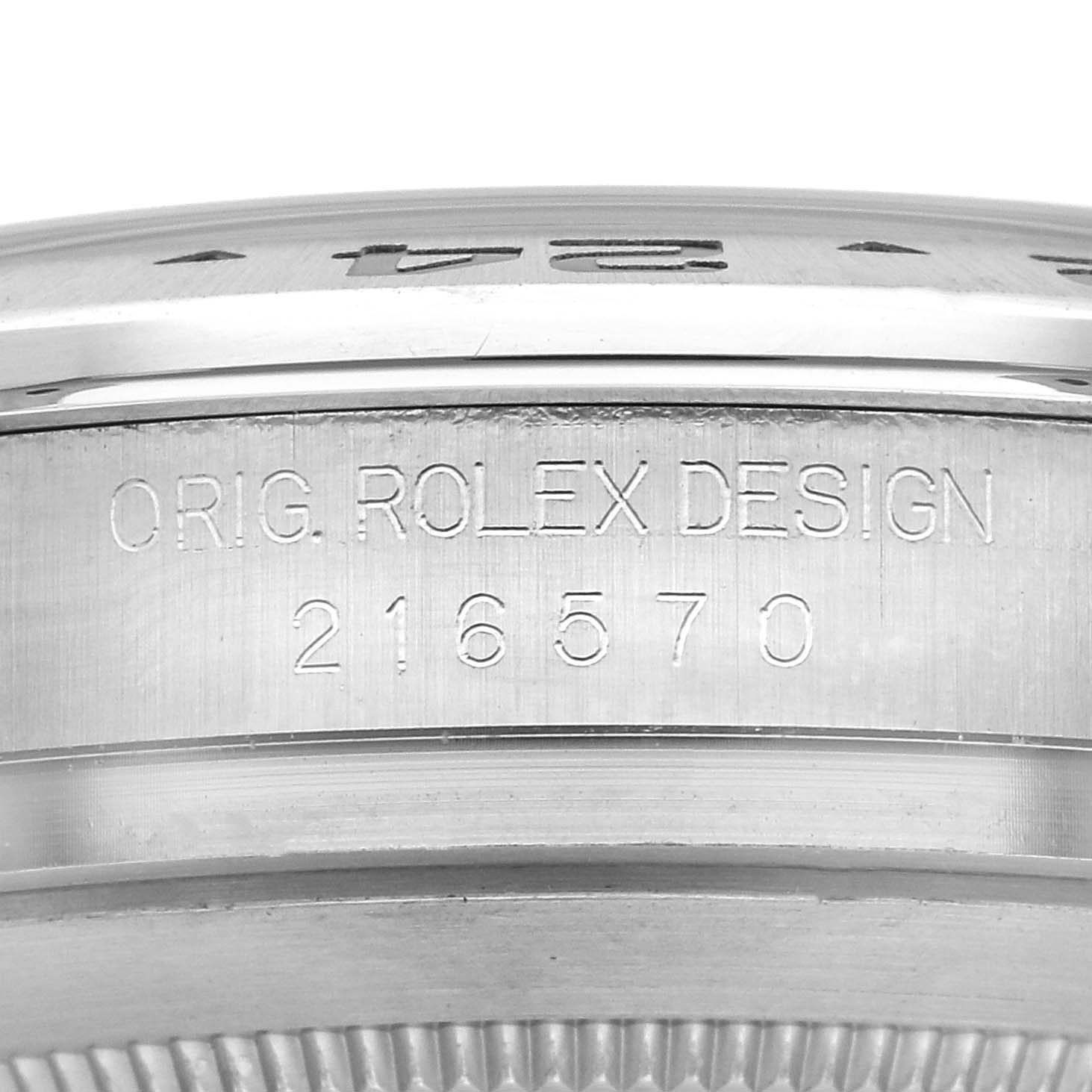The image shows a close-up of the side engraving on a Rolex Explorer 216570 Men
s Stainless Steel White Dial 216570 Men
s Stainless Steel White Dial distinguishing its model number.