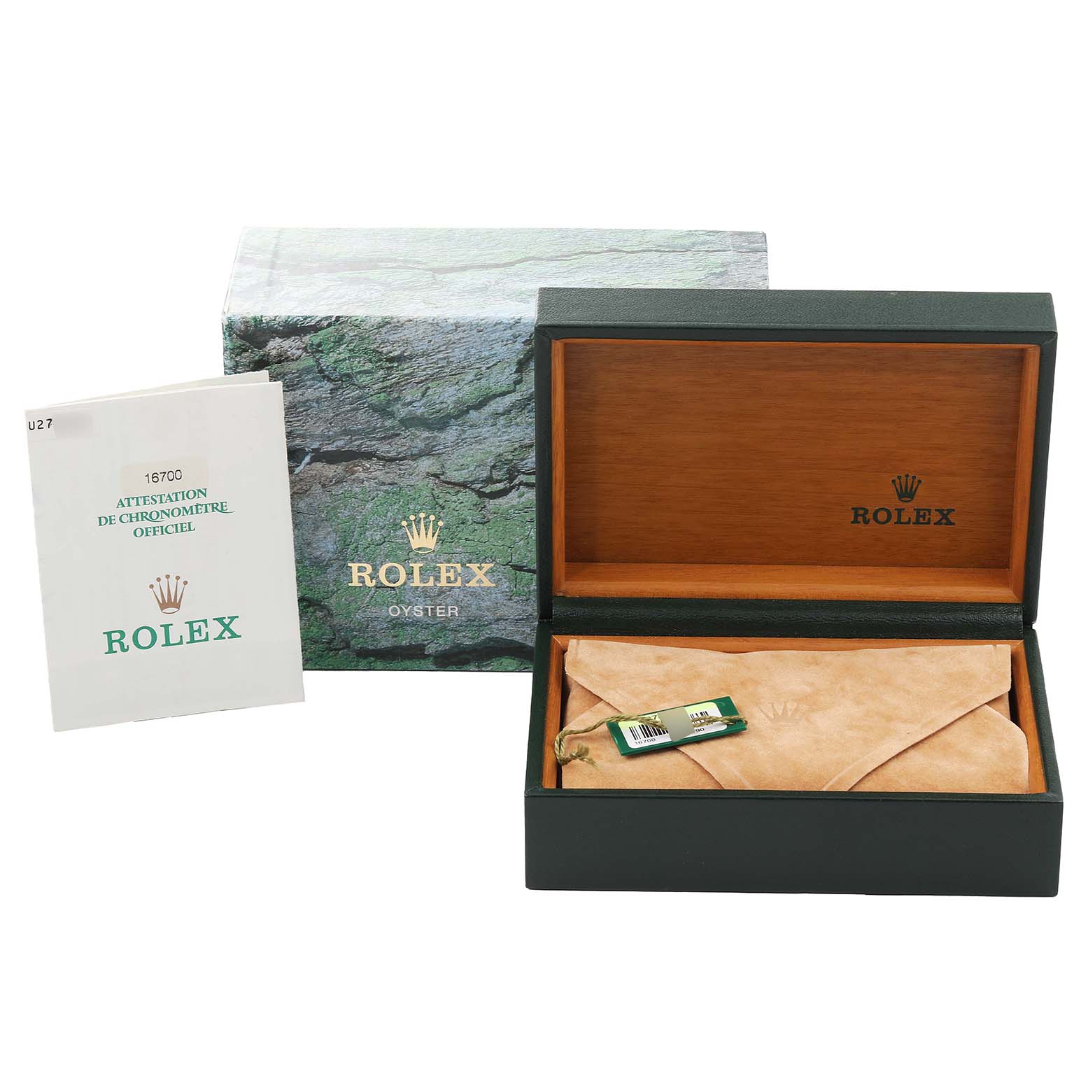 This image shows the packaging and accessories for a Rolex GMT-Master 16700 Men's Stainless Steel Black Dial 16700 Men's Stainless Steel Black Dial, including an open watch box, pouch, and warranty booklet.