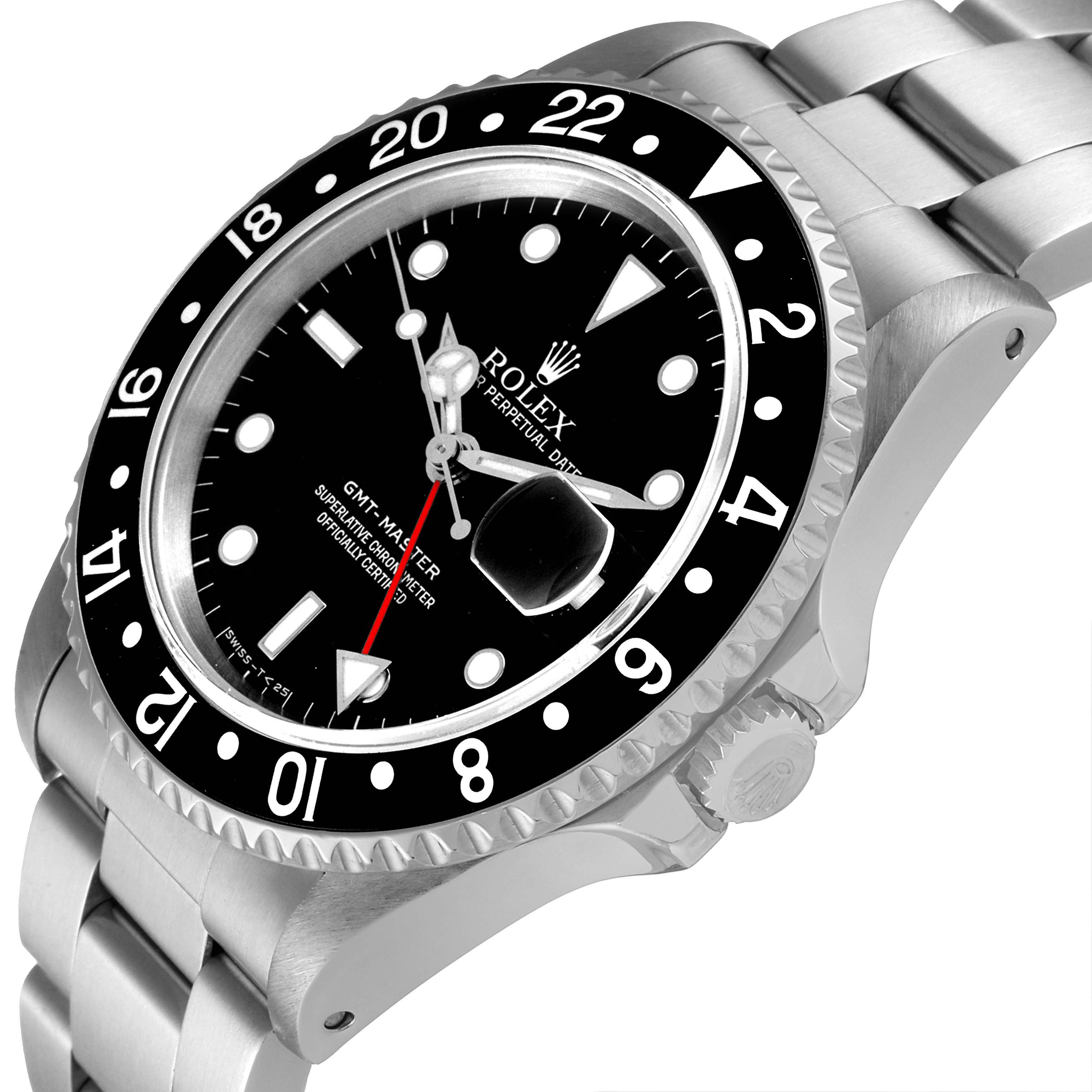 This image shows a Rolex GMT-Master 16700 Men's Stainless Steel Black Dial 16700 Men's Stainless Steel Black Dial watch at a slight angle, highlighting the dial, bezel, crown, and bracelet.