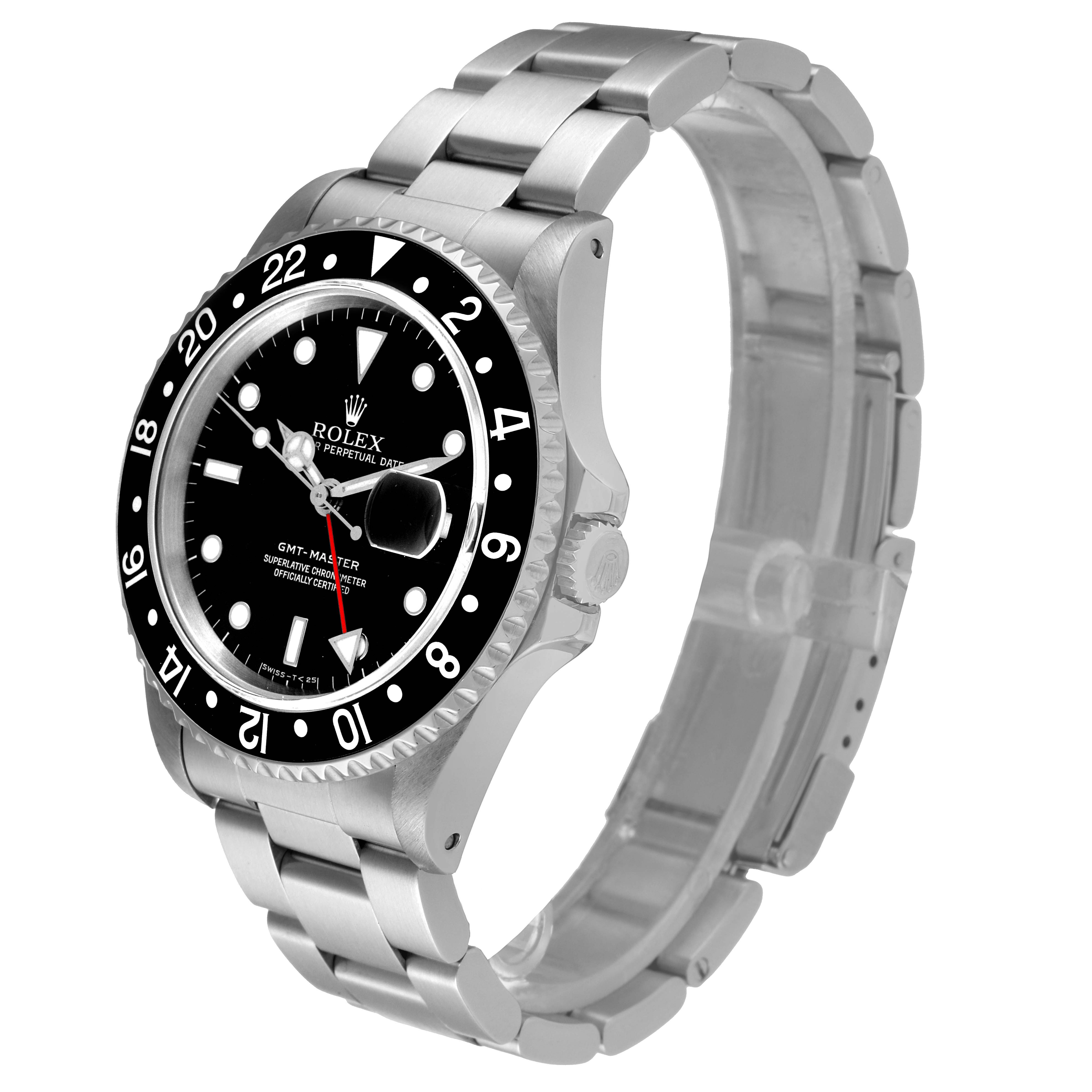 The image shows a side angle view of the Rolex GMT-Master 16700 Men's Stainless Steel Black Dial 16700 Men's Stainless Steel Black Dial watch, highlighting the face, bezel, and bracelet.