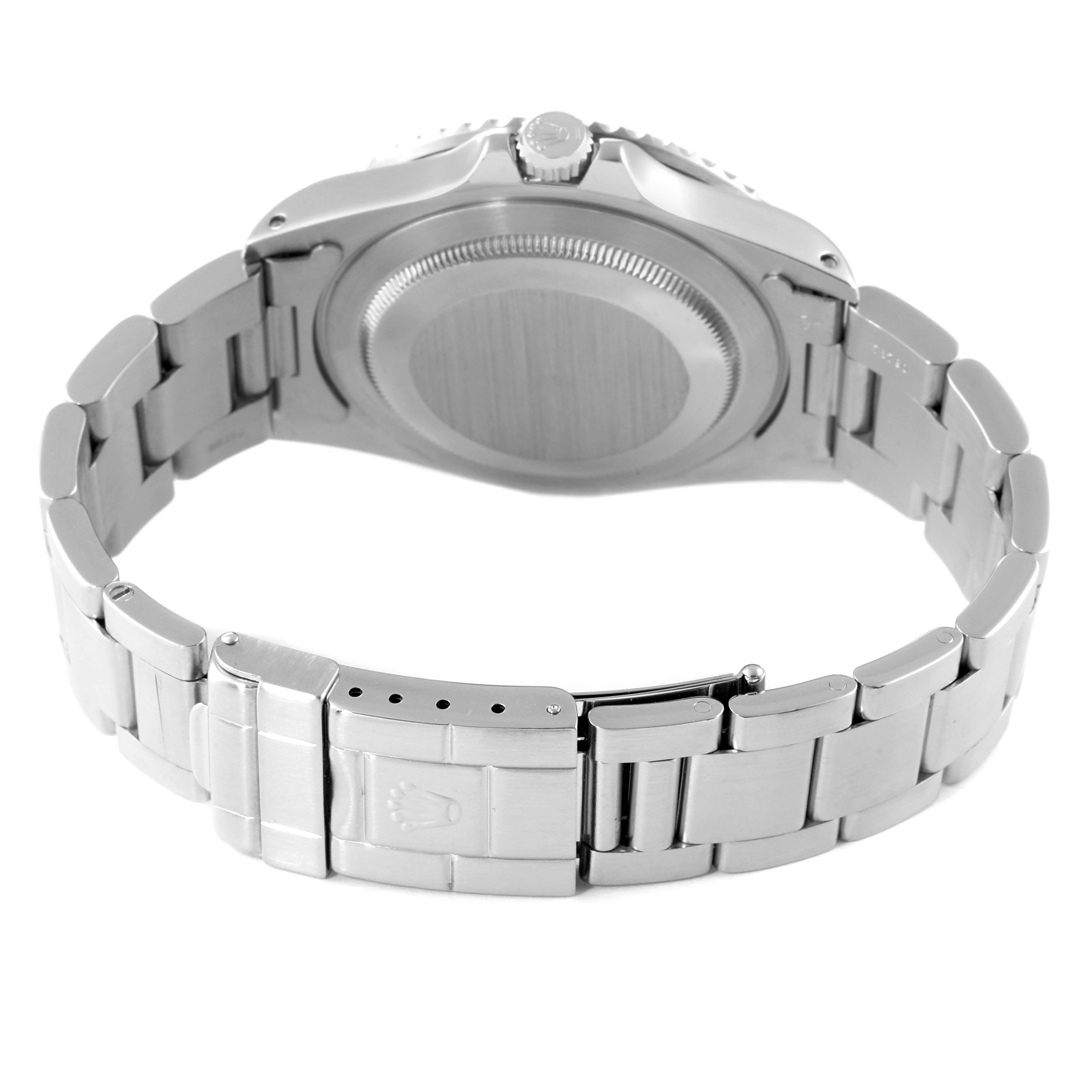 This image shows the underside of a Rolex GMT-Master 16700 Men's Stainless Steel Black Dial 16700 Men's Stainless Steel Black Dial with its bracelet and clasp visible.