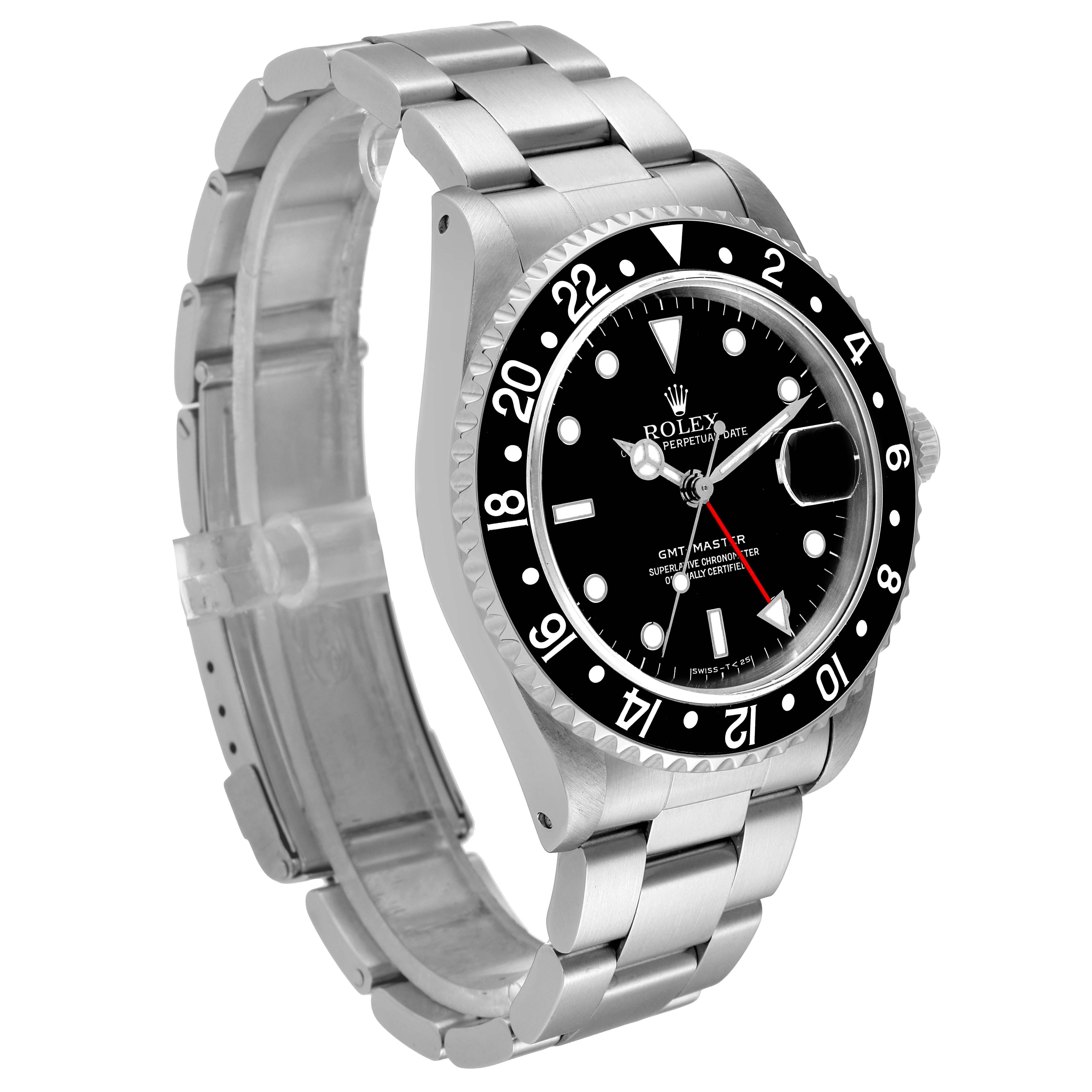 The image shows a Rolex GMT-Master 16700 Men's Stainless Steel Black Dial 16700 Men's Stainless Steel Black Dial watch, featuring the face, bezel, and part of the bracelet, viewed from an upper angle.