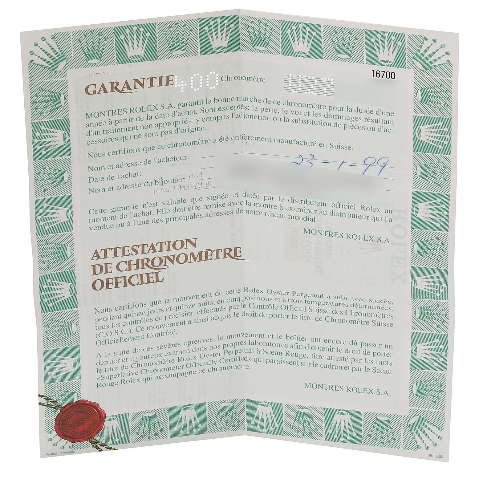 The image shows the warranty and chronometer certification papers for a Rolex GMT-Master 16700 Men's Stainless Steel Black Dial 16700 Men's Stainless Steel Black Dial watch model.