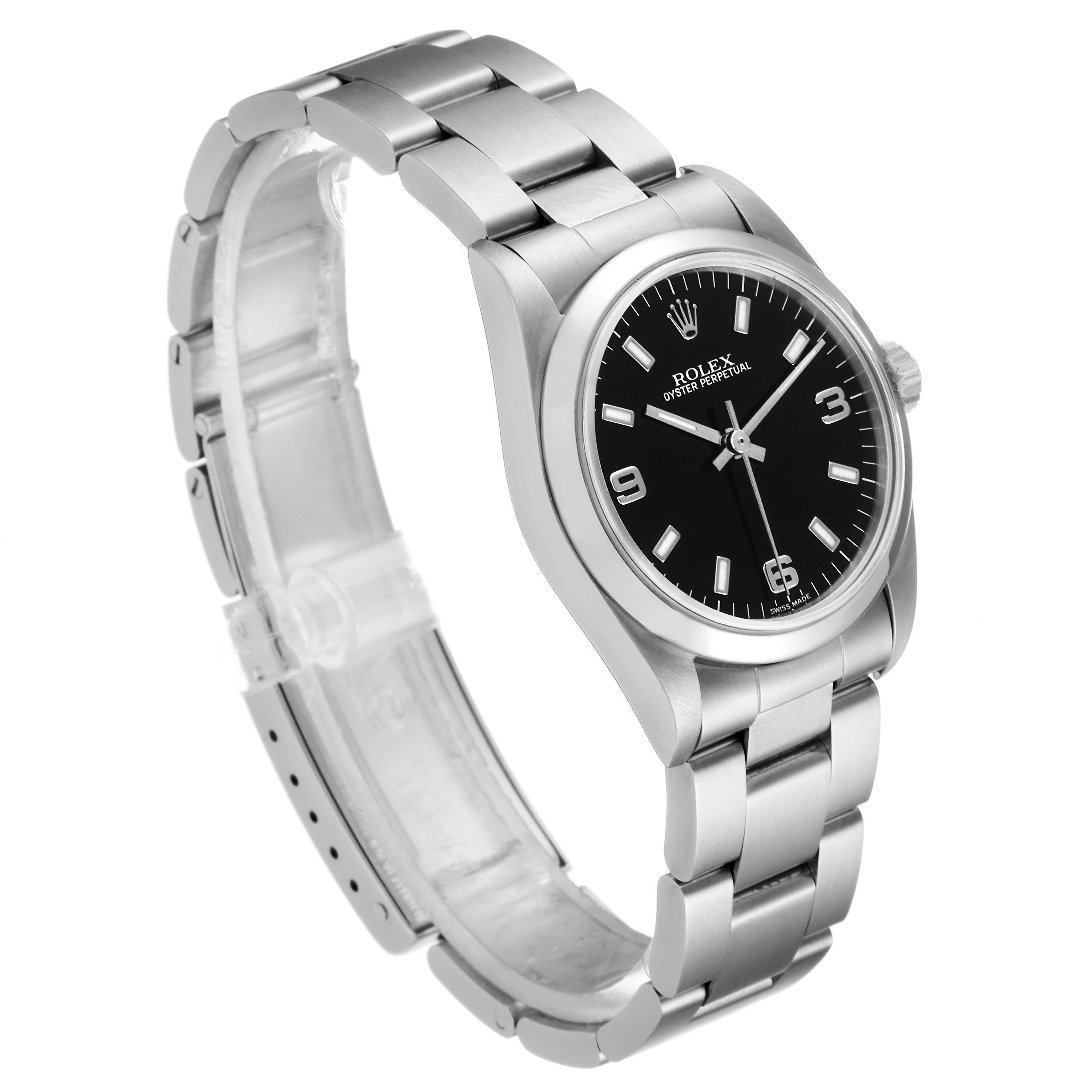 The image shows a side and front angle of the Mid-Size Rolex watch, highlighting the bracelet, case, and black dial with markers.