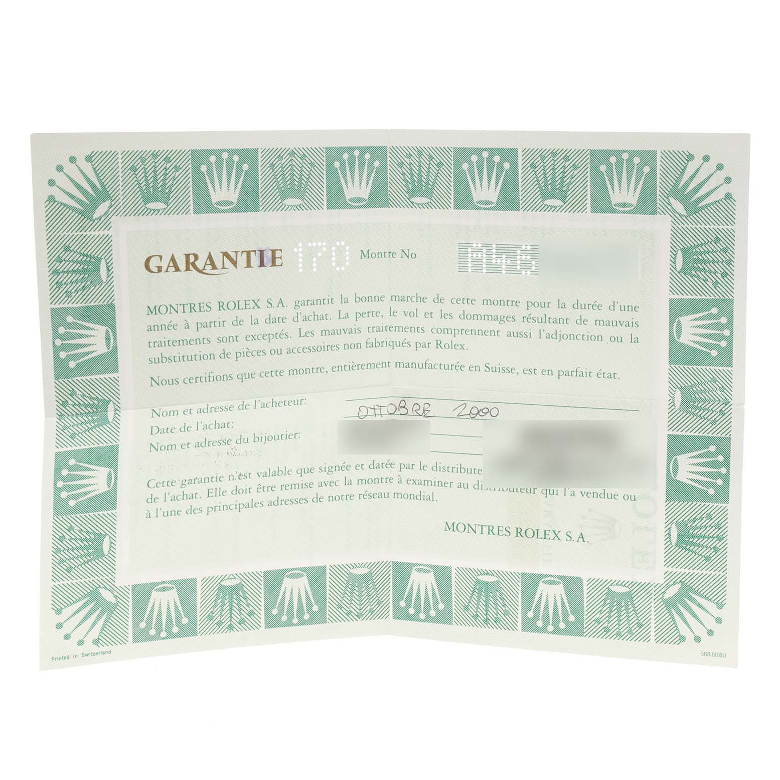 The image shows the warranty card for a Rolex Mid-Size 77080 Women
s Stainless Steel Black Dial 77080 Women
s Stainless Steel Black Dial watch, including purchase details and guarantee information.