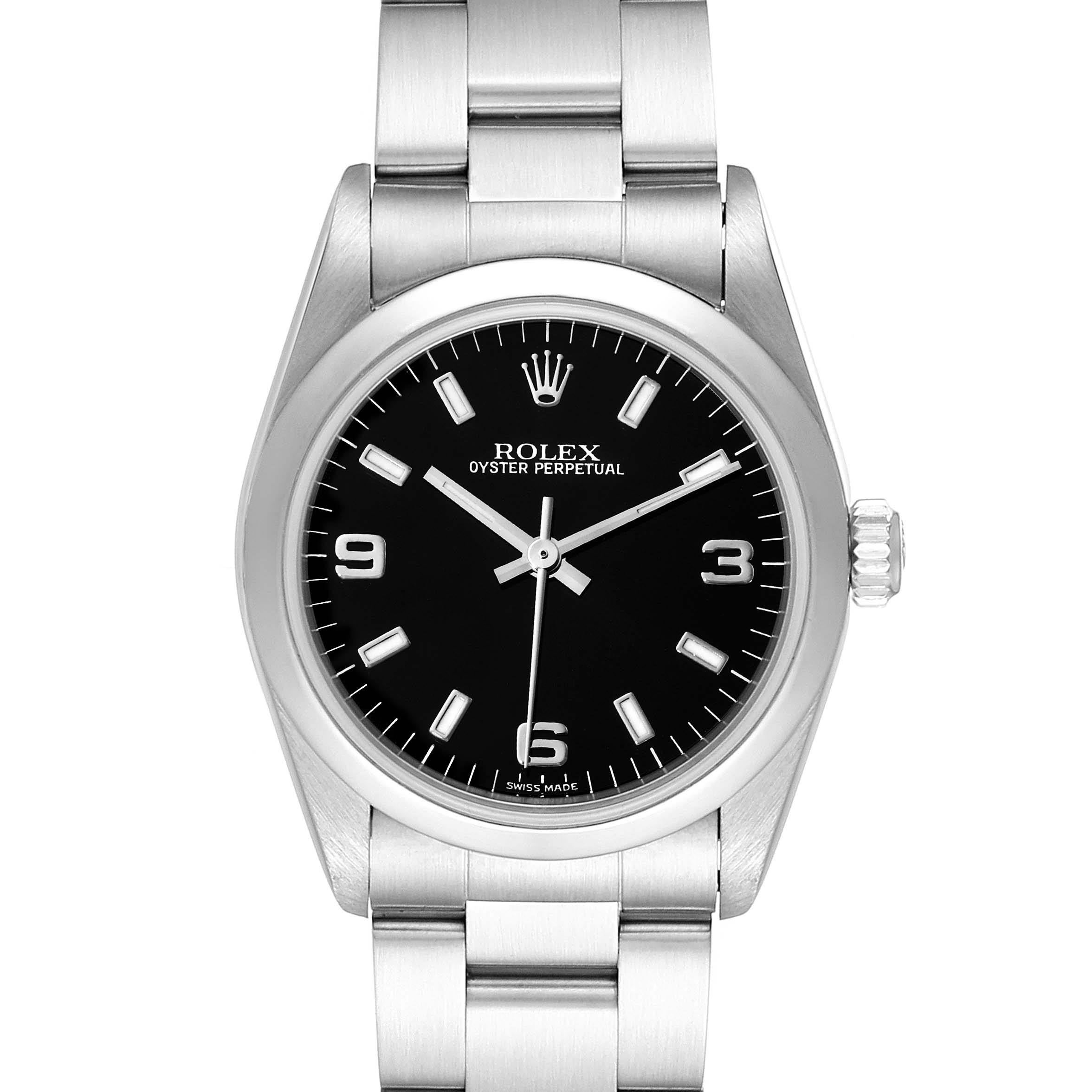The image shows the front view of a Rolex Oyster Perpetual Mid-Size watch, displaying the dial, bezel, and part of the bracelet.