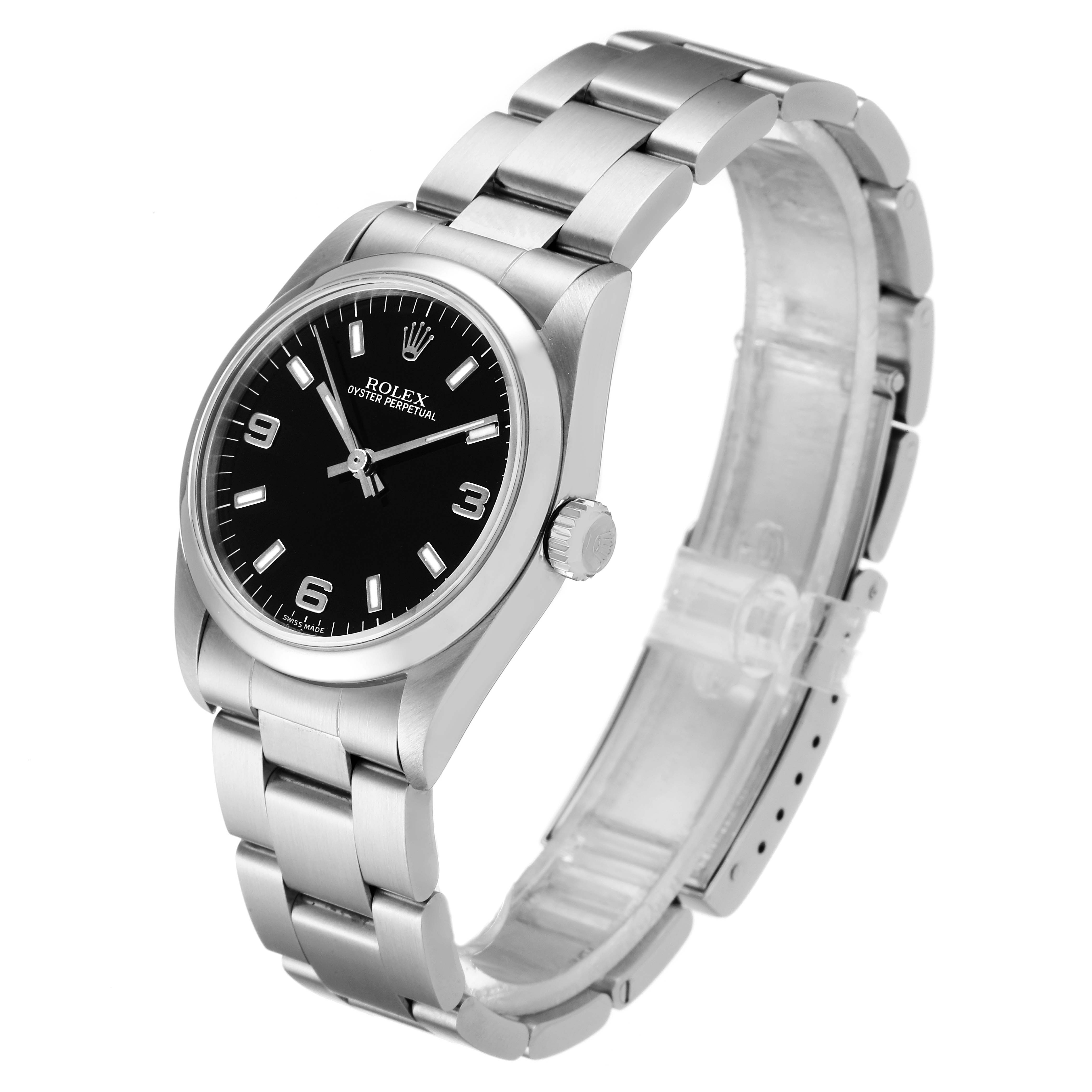 The image shows a side angle view of a Rolex Mid-Size 77080 Women
s Stainless Steel Black Dial 77080 Women
s Stainless Steel Black Dial Oyster Perpetual wristwatch, highlighting its stainless steel bracelet and black dial.