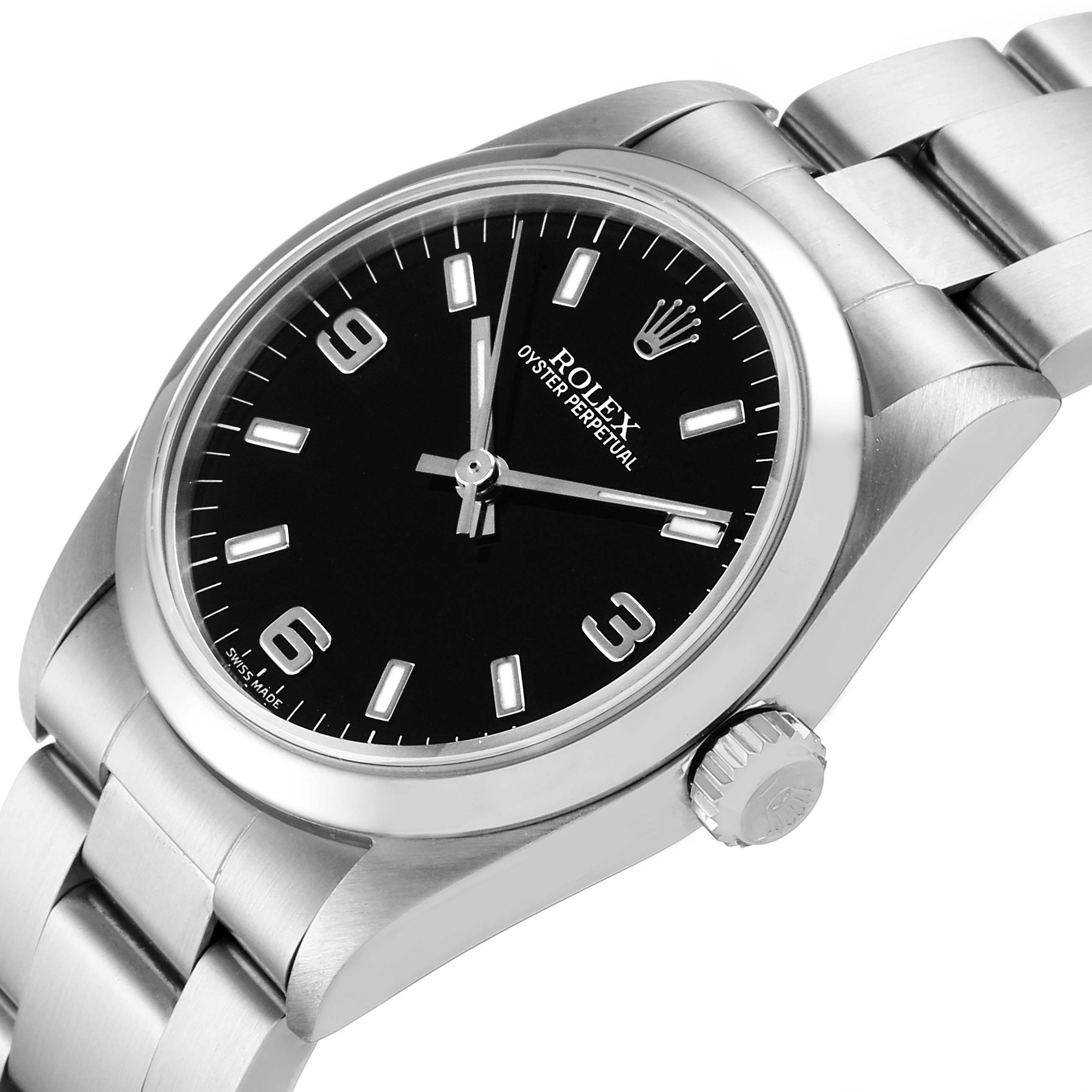 This image shows a close-up side angle of a Rolex Mid-Size 77080 Women
s Stainless Steel Black Dial 77080 Women
s Stainless Steel Black Dial Oyster Perpetual watch, detailing the dial, bezel, and part of the bracelet.