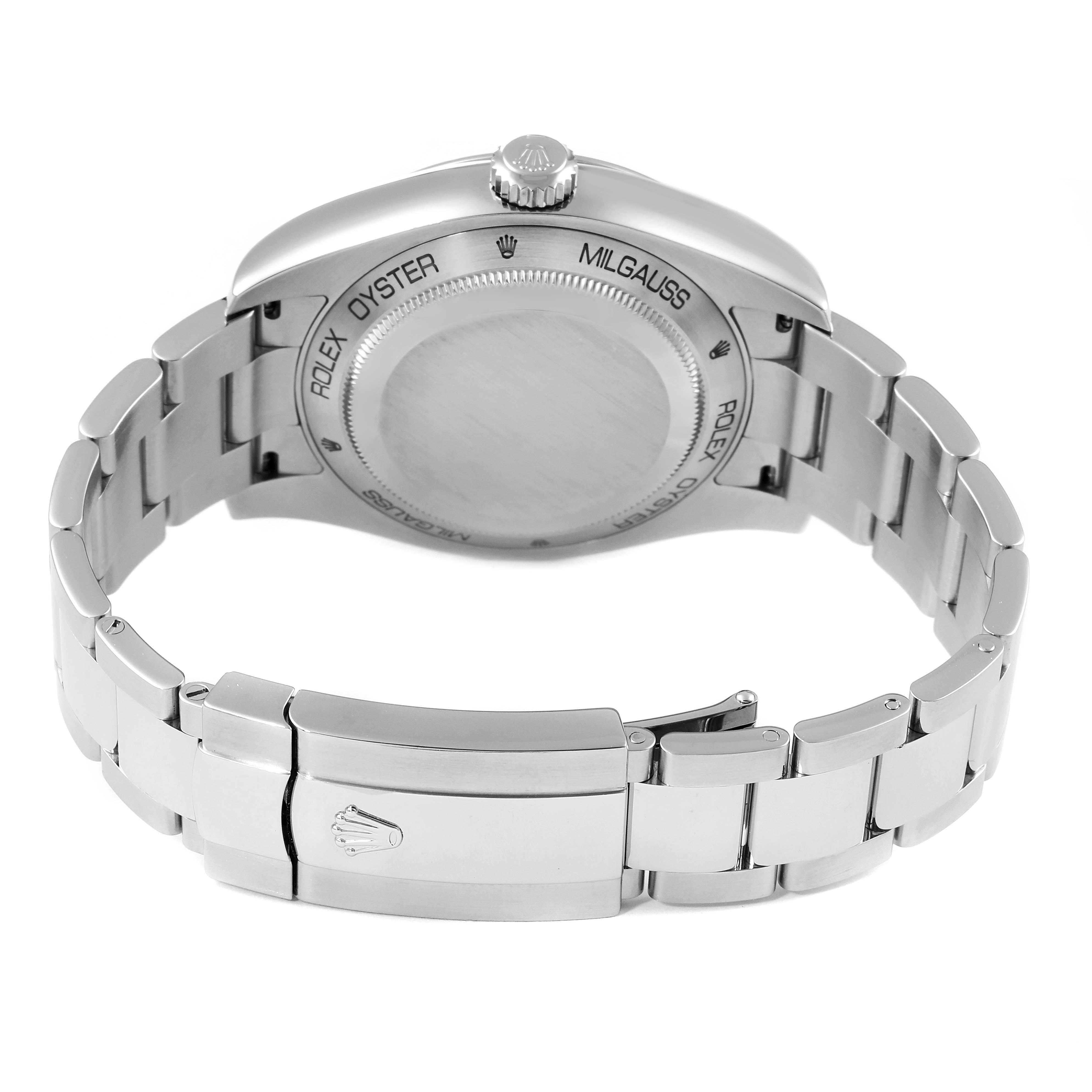 This image shows the back and bracelet clasp of a Rolex Milgauss 116400V Men
s Stainless Steel Black Dial 116400V Men
s Stainless Steel Black Dial watch in a partially closed position.