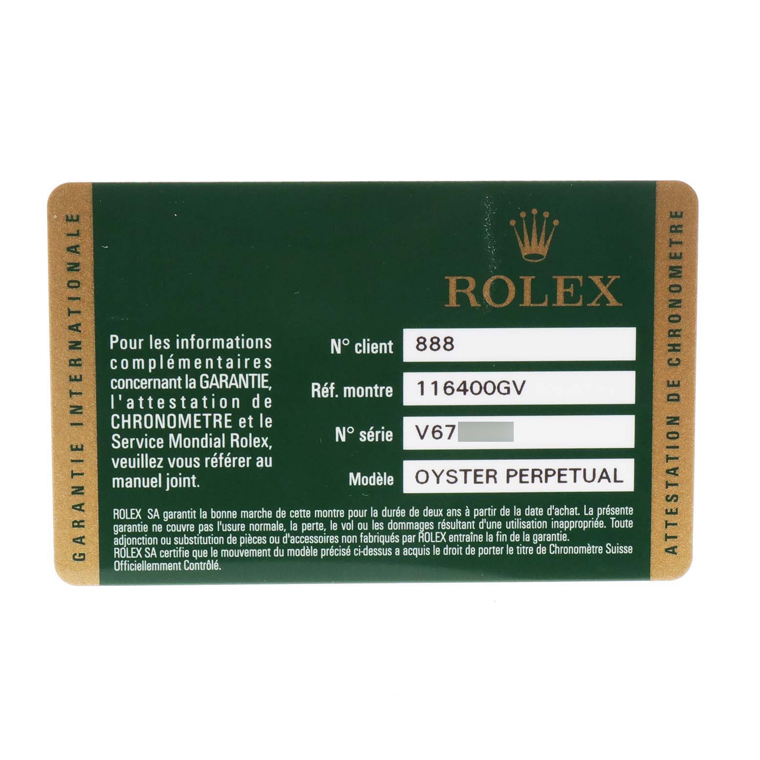 The image shows a warranty card for a Rolex Milgauss 116400V Men
s Stainless Steel Black Dial 116400V Men
s Stainless Steel Black Dial model with reference number 116400GV, view from the top.
