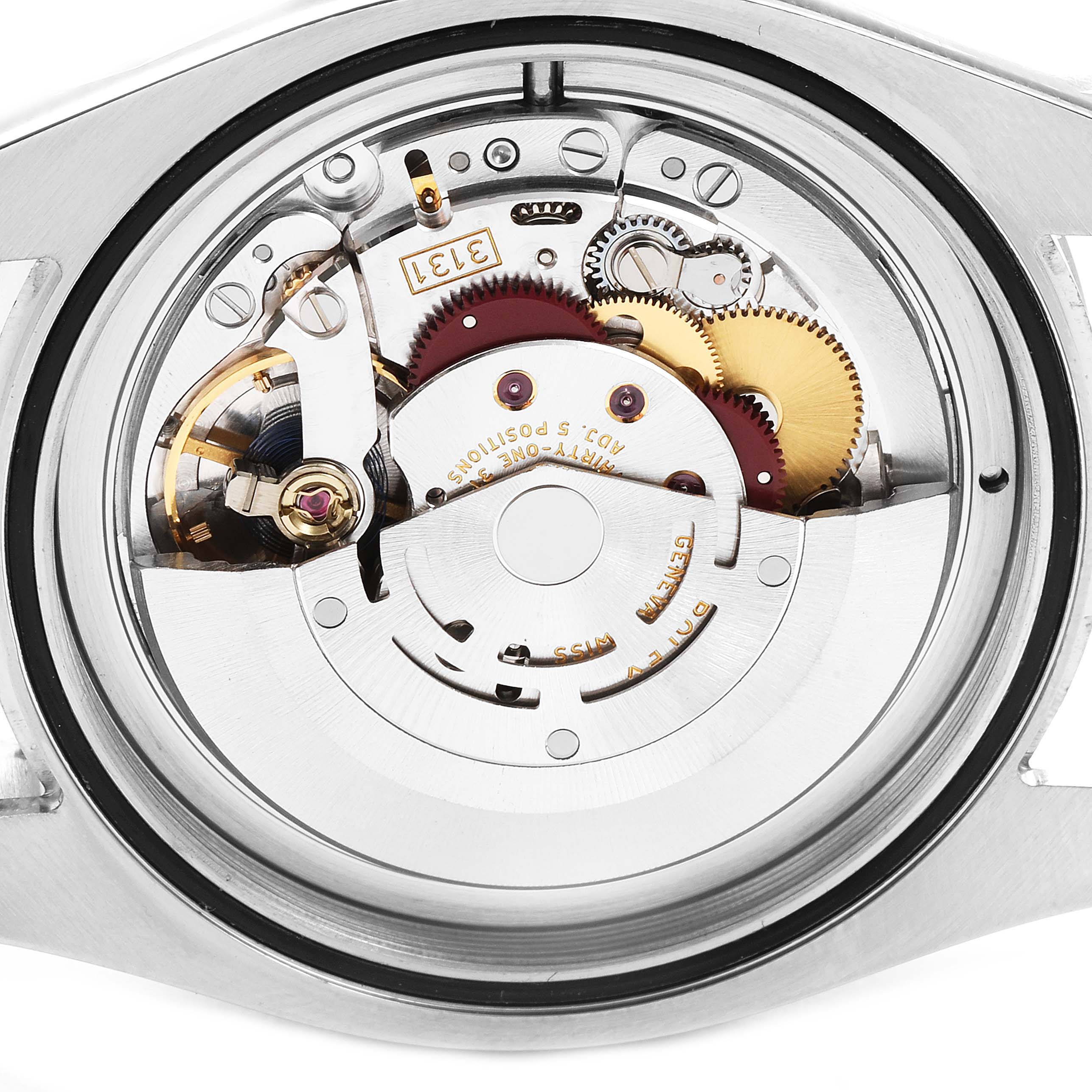 This image shows the internal movement mechanism of a Rolex Milgauss 116400V Men
s Stainless Steel Black Dial 116400V Men
s Stainless Steel Black Dial watch, viewed from the back.