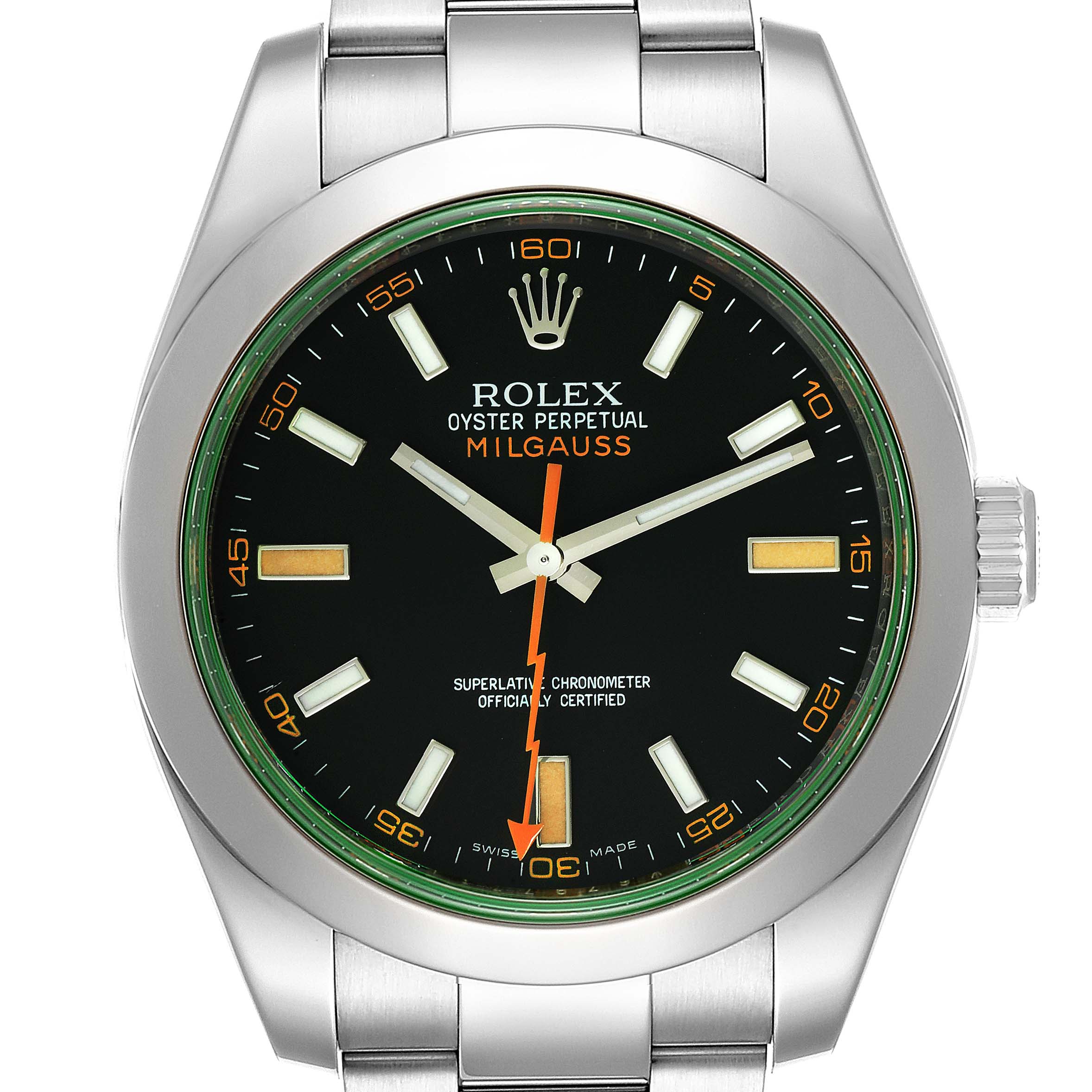 This image shows a front view of the Rolex Milgauss 116400V Men
s Stainless Steel Black Dial 116400V Men
s Stainless Steel Black Dial watch, including the dial, crown, and part of the bracelet.