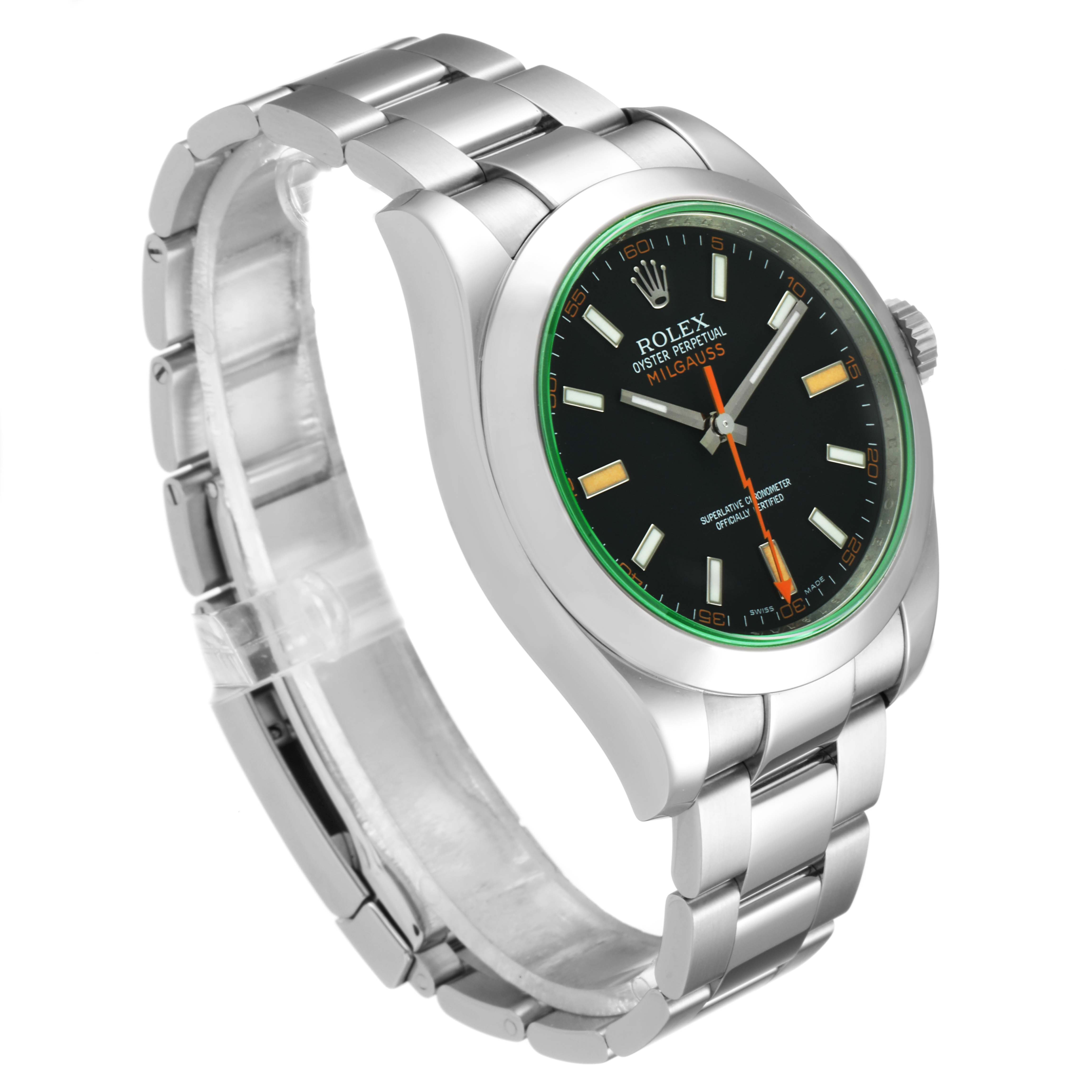 The Rolex Milgauss 116400V Men
s Stainless Steel Black Dial 116400V Men
s Stainless Steel Black Dial watch is shown at an oblique angle, displaying the face, bezel, wristband, and side profile.