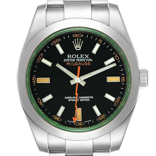 Photo of Rolex Milgauss Black Dial Green Crystal Steel Mens Watch 116400V Box Card
