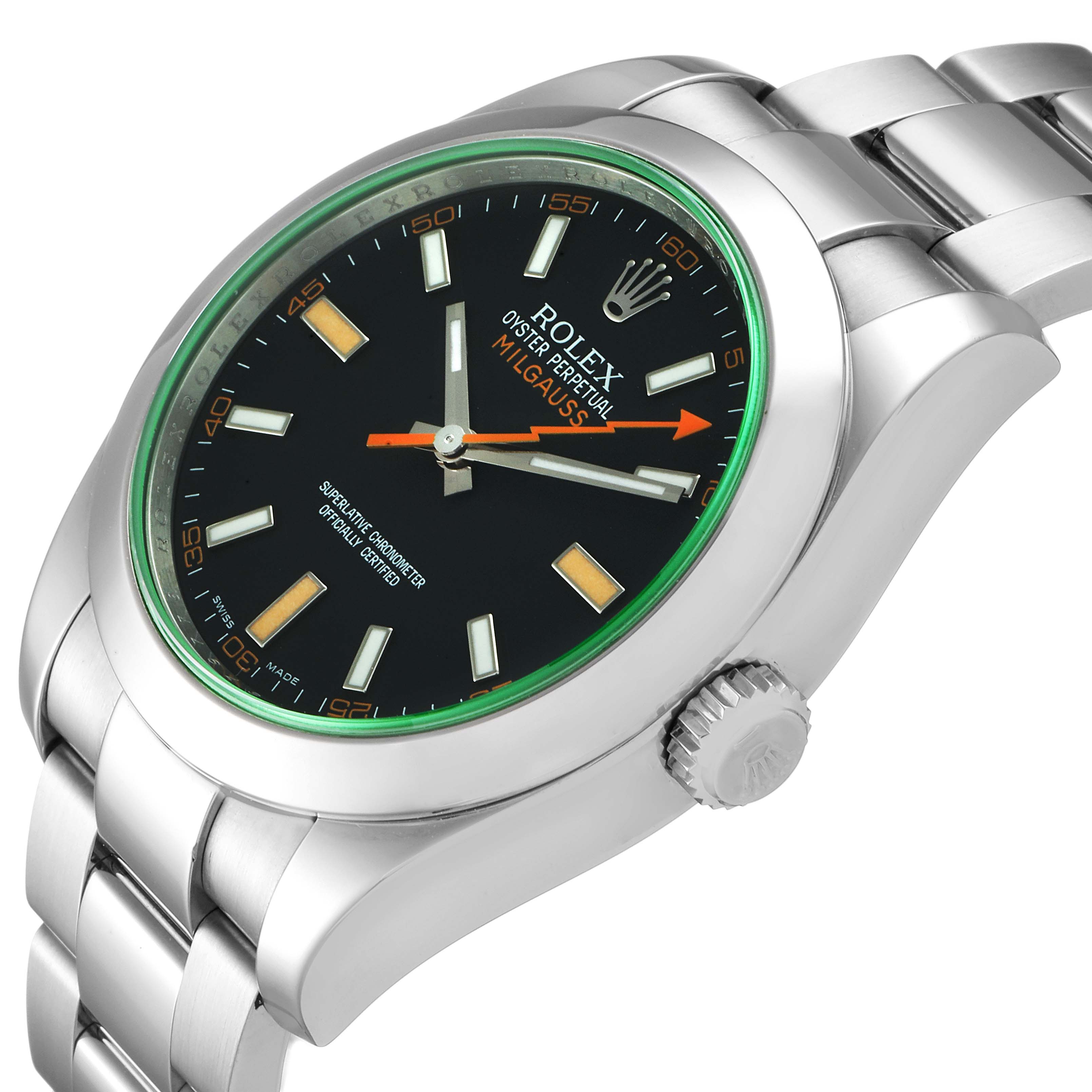 The image shows a side angle of the Rolex Milgauss 116400V Men
s Stainless Steel Black Dial 116400V Men
s Stainless Steel Black Dial watch, highlighting its black dial, green sapphire crystal, and stainless steel bracelet.