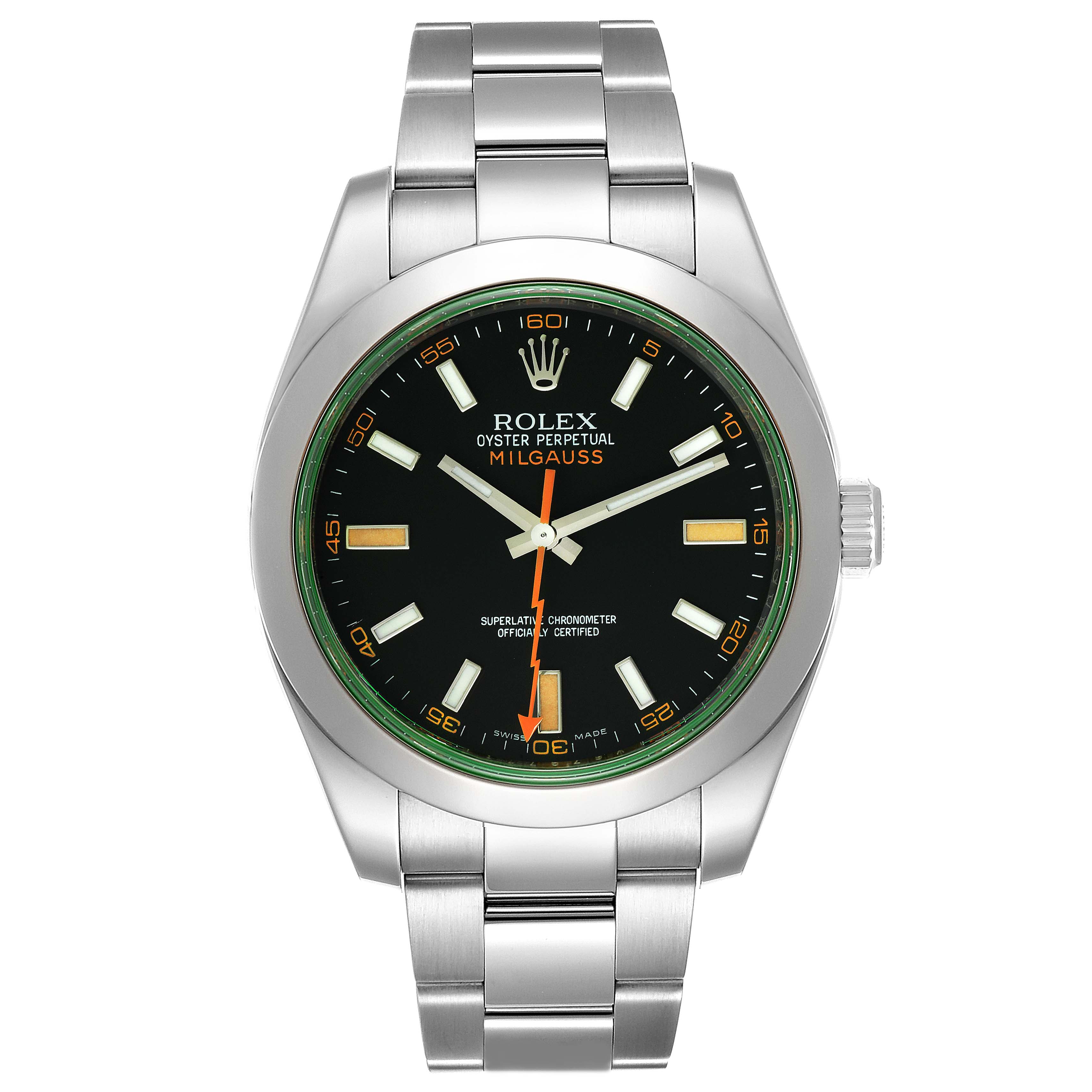 The image shows a frontal view of a Rolex Milgauss 116400V Men
s Stainless Steel Black Dial 116400V Men
s Stainless Steel Black Dial watch, displaying its dial, hands, and stainless steel bracelet.