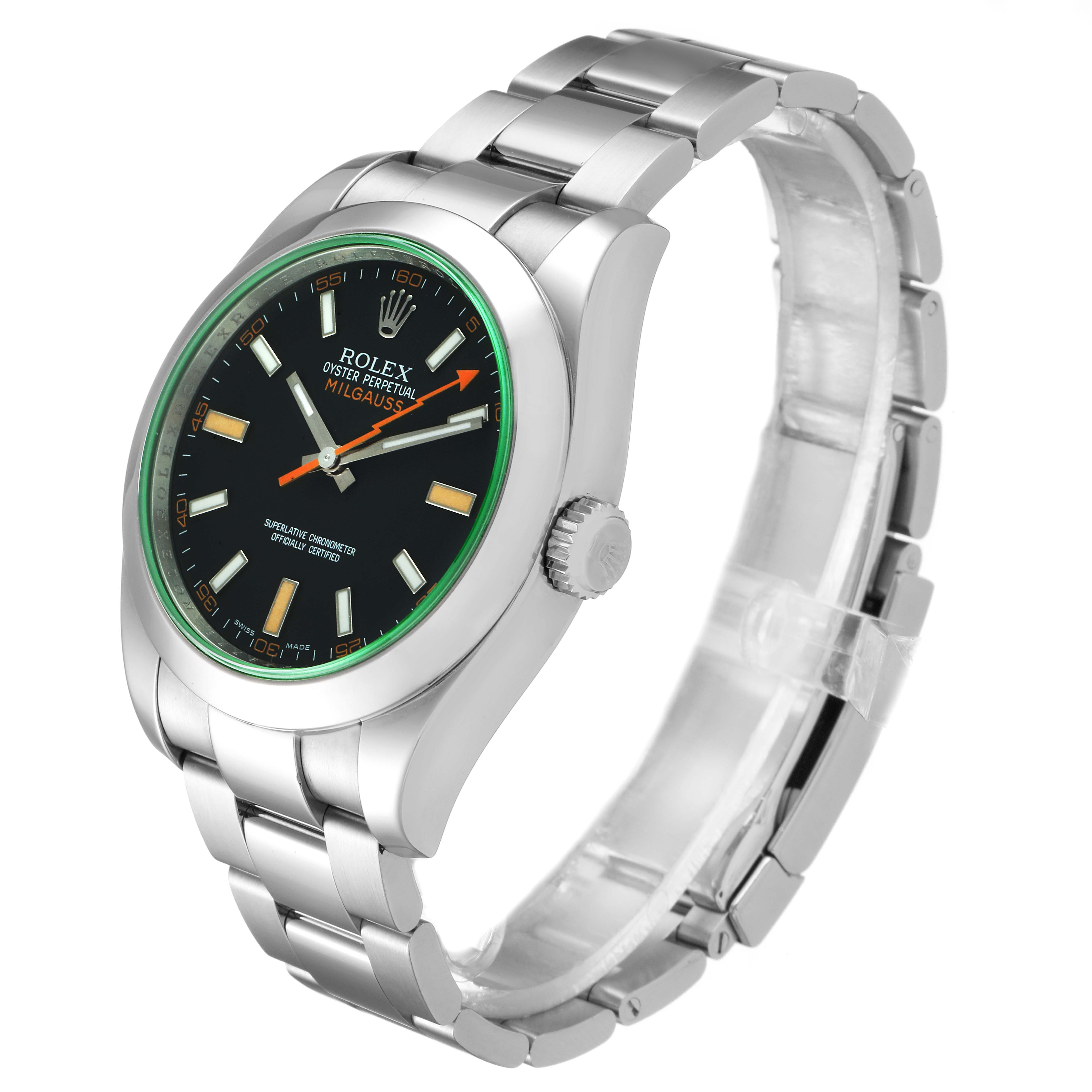 This is a Rolex Milgauss 116400V Men
s Stainless Steel Black Dial 116400V Men
s Stainless Steel Black Dial watch shown at a three-quarter angle, displaying its face, case, and part of its bracelet.
