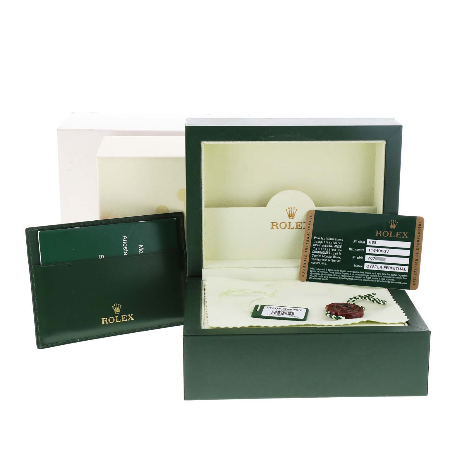 This image displays a Rolex Milgauss 116400V Men
s Stainless Steel Black Dial 116400V Men
s Stainless Steel Black Dial watch box, papers, and Best Quality
ation card from a front-facing angle.