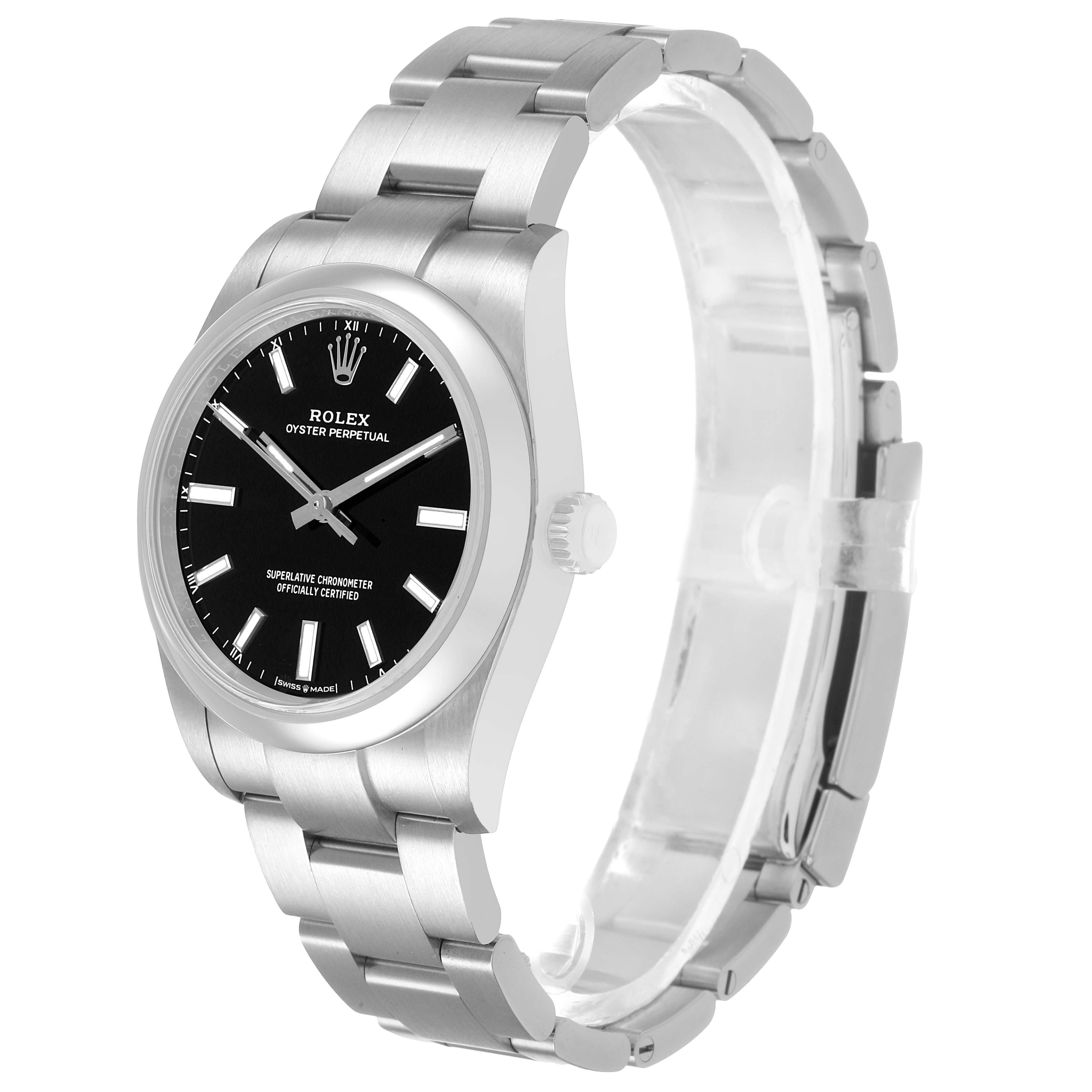 The Rolex Oyster Perpetual M124200-0002 Men's Stainless Steel Black Dial watch is shown at an angle displaying the full face, bezel, bracelet, and crown.